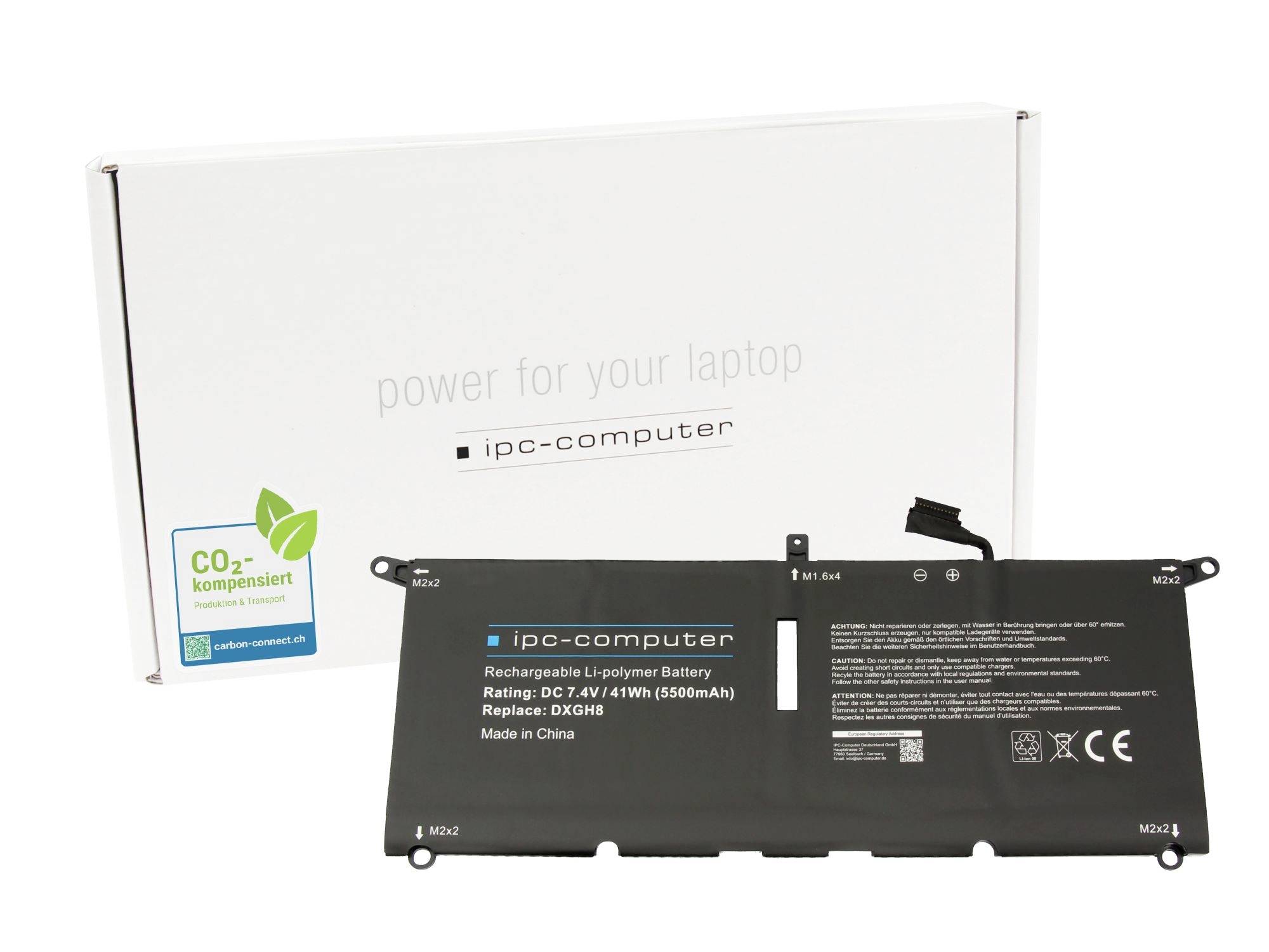Zamjenska baterija za prijenosno računalo ispred svoje bijele ambalaže, označene s 'ipc-computer' i 'power for your laptop', sa naljepnicom 'CO2-kompensiert'.