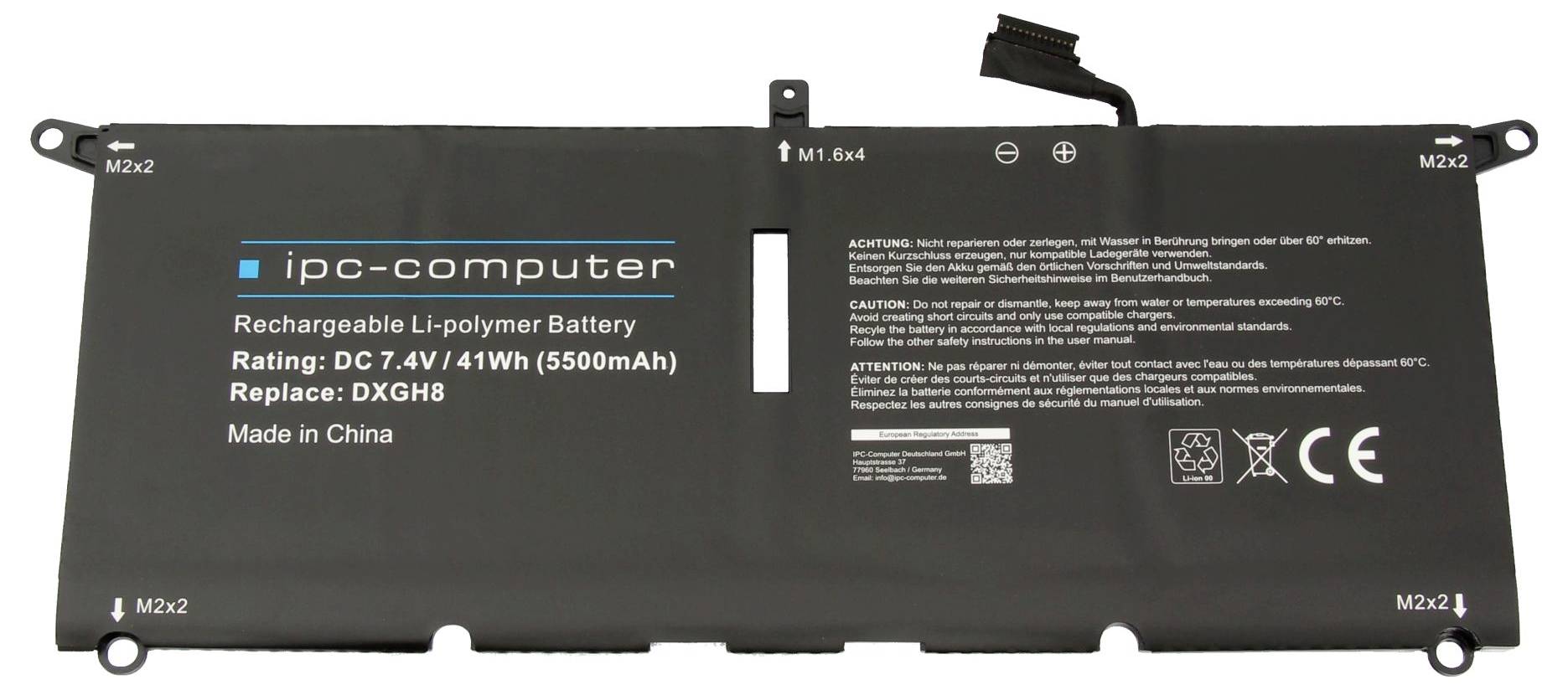 Crna punjiva baterija za prijenosno računalo s oznakom 'ipc-computer' s specifikacijama 'DC 7.4V 41Wh (5500mAh)' i 'Zamjena: DXGH8', proizvedena u Kini.