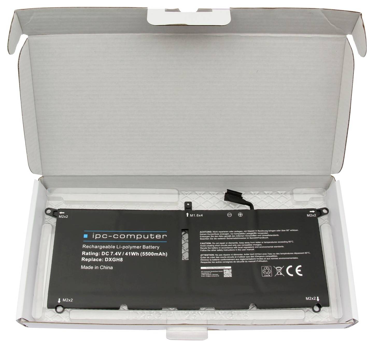 Otvorena kutija koja sadrži zamjensku bateriju iPC-računala sa akumulatorskom litij-polimer baterijom označenom sa 'Rating: DC 7.4V/41Wh (5500mAh)' i 'Replace: DXGH8'.