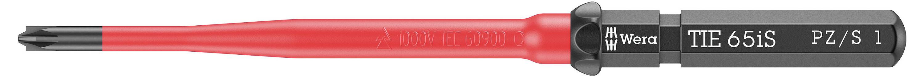 Crveni izolirani Wera odvijač s crnom ručkom označen "Wera TIE 65iS PZ/S 1".
