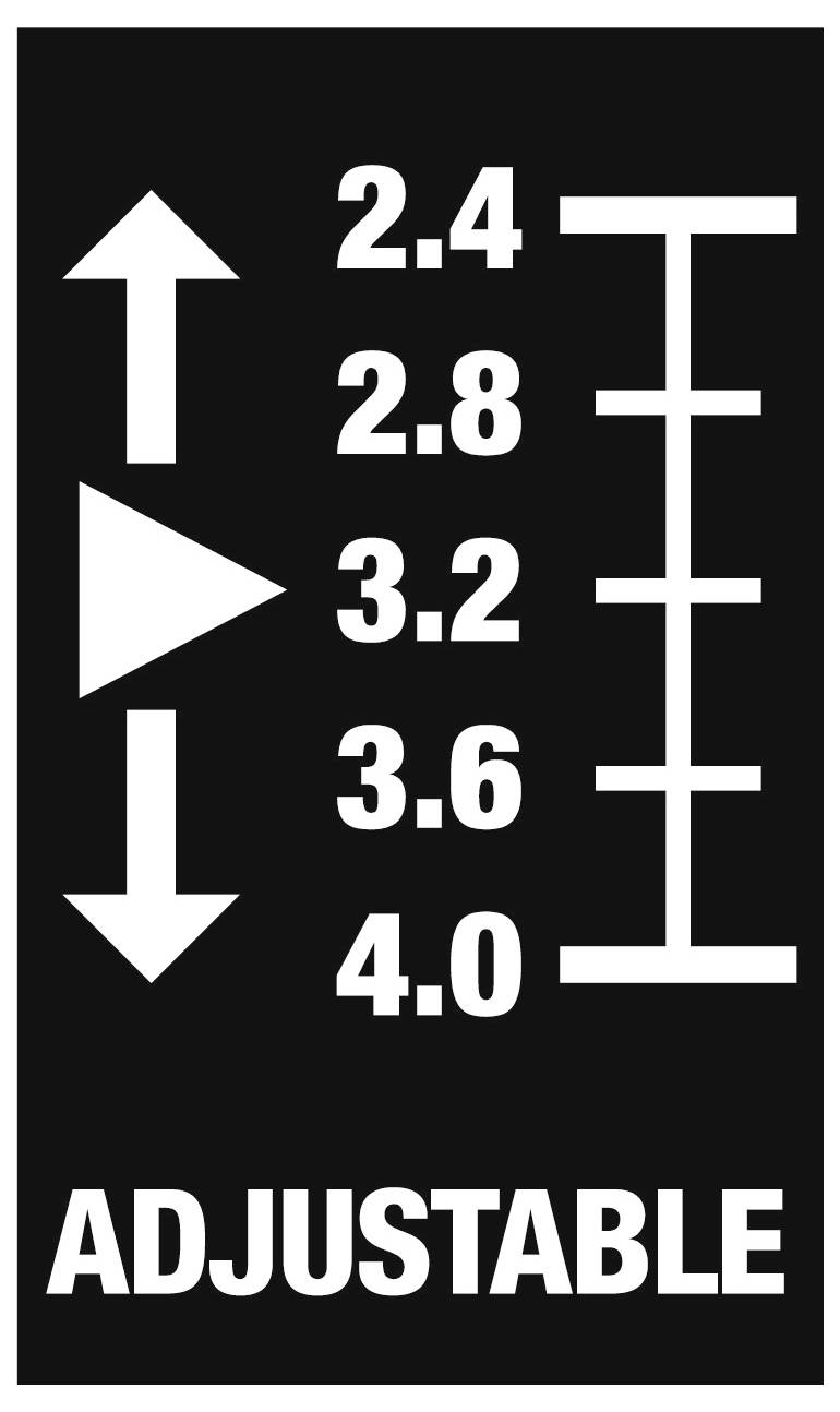 Crna oznaka koja prikazuje prilagodljivi raspon od 2,4 do 4,0 sa strelicama gore/dolje, skalom sa desne strane i riječju 'PRILAGODLJIVO' pri dnu.