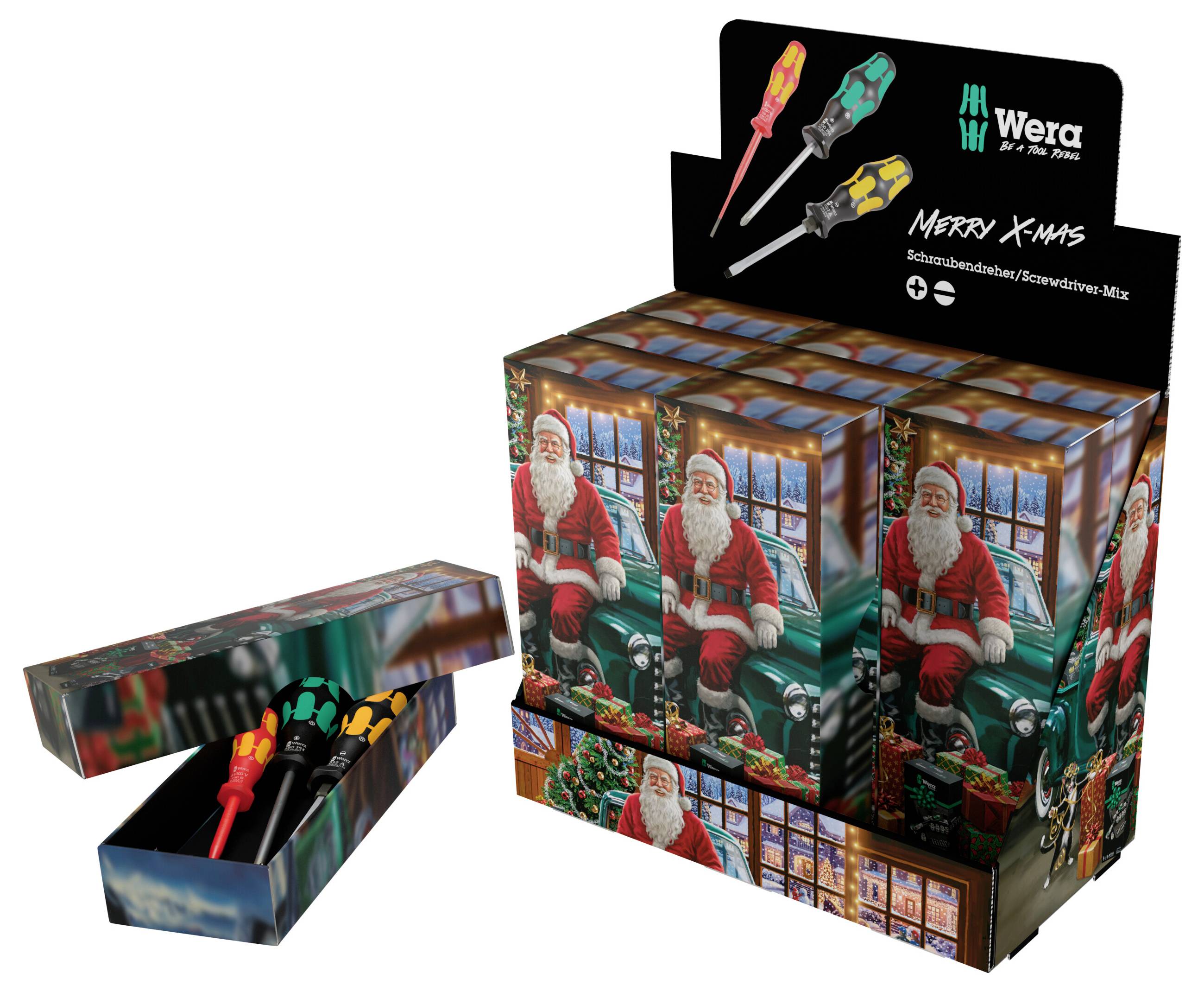 Prikaz proizvoda Wera 'Merry X-Mas' setova odvijača kao poklon sa pakiranjem украšenim Djed Mrazom i malom otvorenom kutijom koja prikazuje tri odvijača.