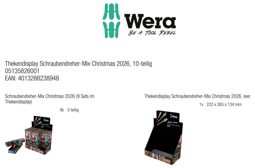 Wera proizvodni snimak za 'Thekendisplay Schraubendreher-Mix Božić 2026'; prikazuje 10-dijelni prikaz na pultu s 9 tri-dijelnih setova i praznom postoljem za prikaz.