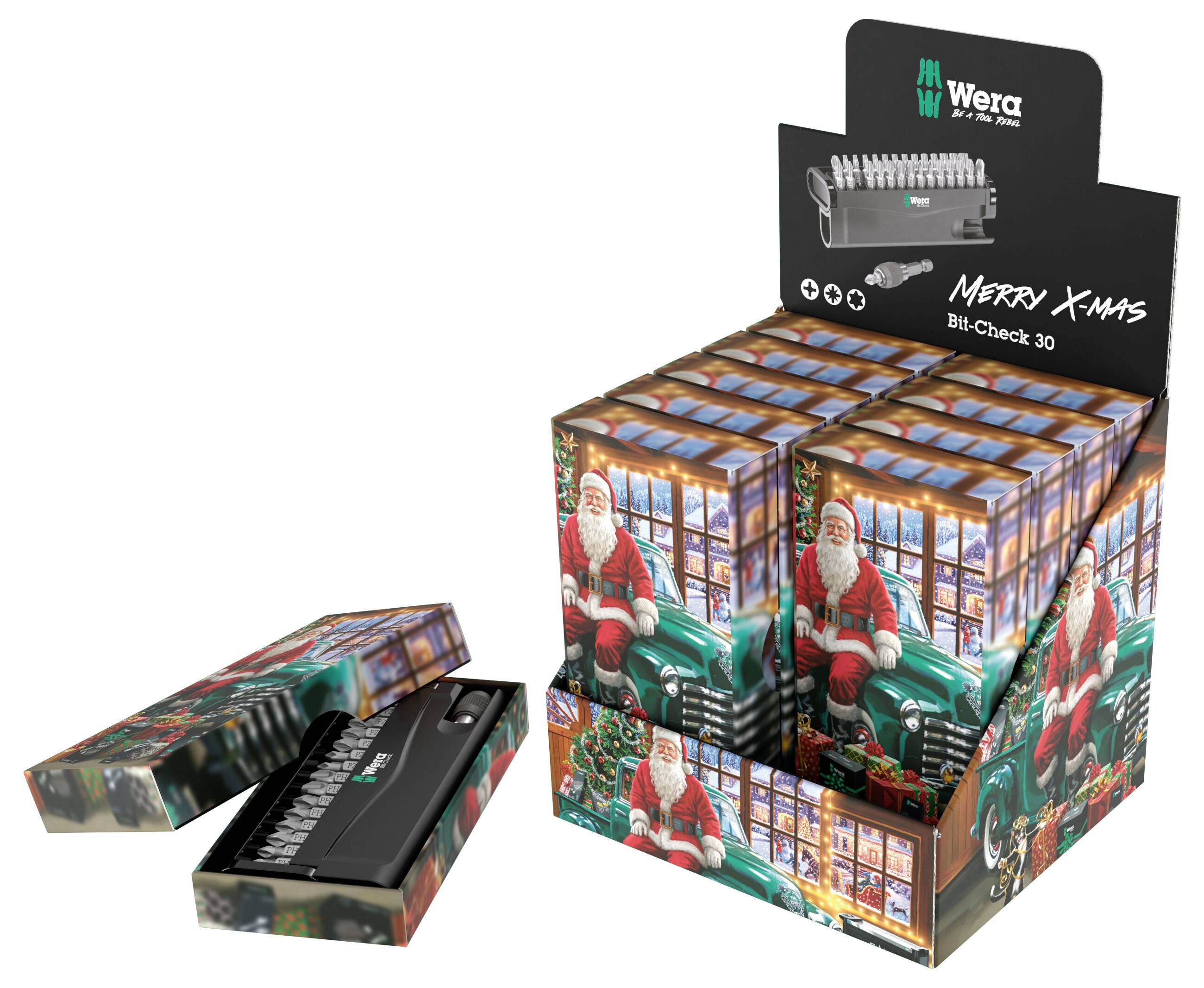 Wera Merry X-Mas Bit-Check 30 set bitova odvijača u svečanoj poklonskoj kutiji, sa otvorenom kutijom koja pokazuje bitove i alat.