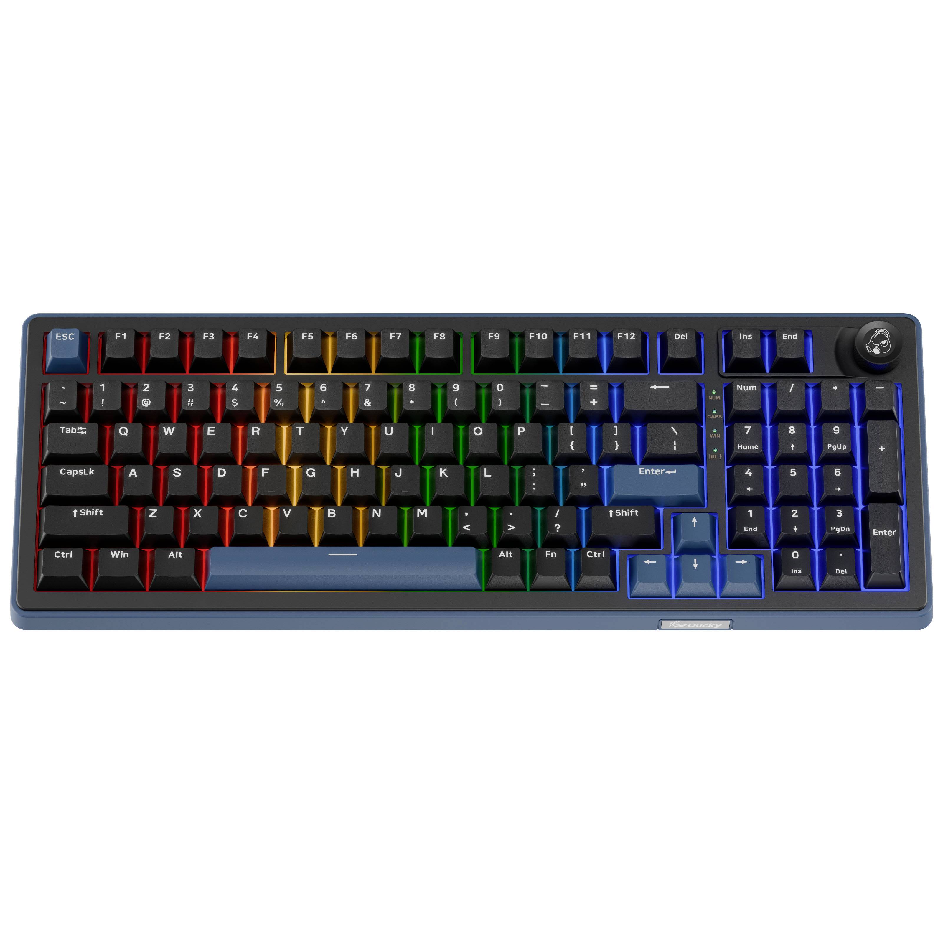 Kompaktan RGB mehanički keyboard sa rotacijskim gumbom i kompletnom numeričkom tipkovnicom, prikazan na bijeloj pozadini.