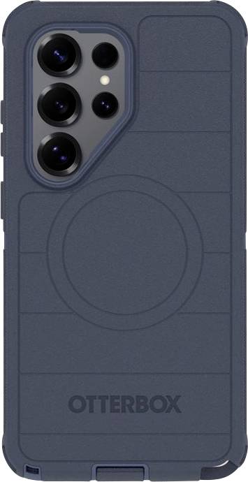 Tamno plava futrola za telefon OtterBox prikazana sa stražnje strane, s tri izreza za kameru i kružnim dizajnom sličnim MagSafe-u.