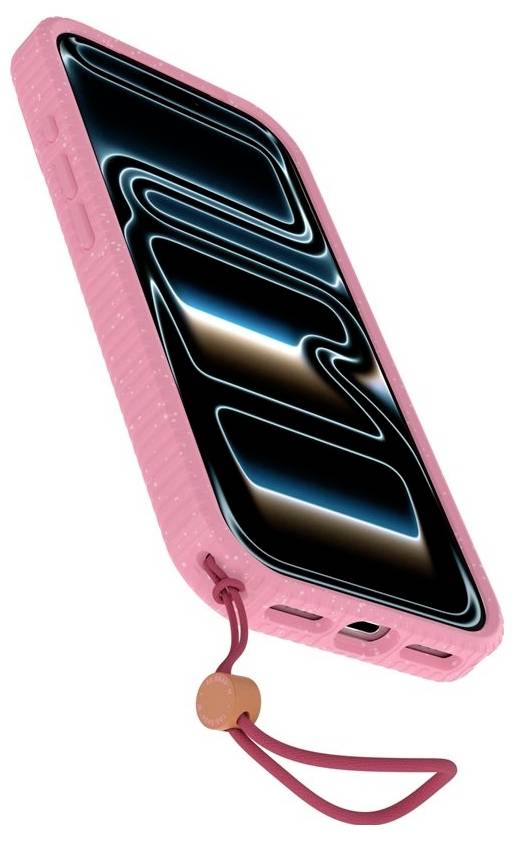 Roza futrola za pametni telefon s crnim ekranom i neonskim plavim apstraktnim linijama, prikazana pod kutom s crvenim uzicama pričvršćenim na dnu.