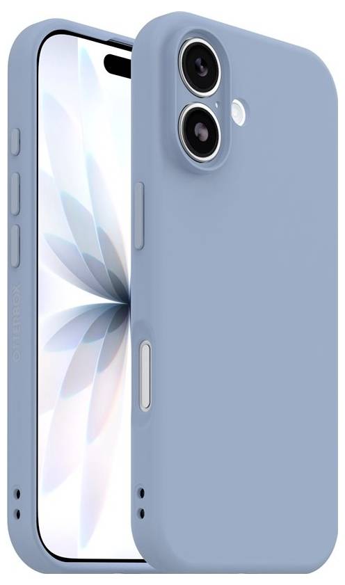 Lagano plava futrola za pametni telefon prikazana na telefonu, s dvostrukim izrezima za stražnje kamere i poklopcima za bočne gumbe.