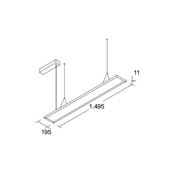 Tehnički crtež suspendirane pravokutne svjetiljke s dimenzijama 1495 mm dužine, 195 mm širine i 11 mm debljine.