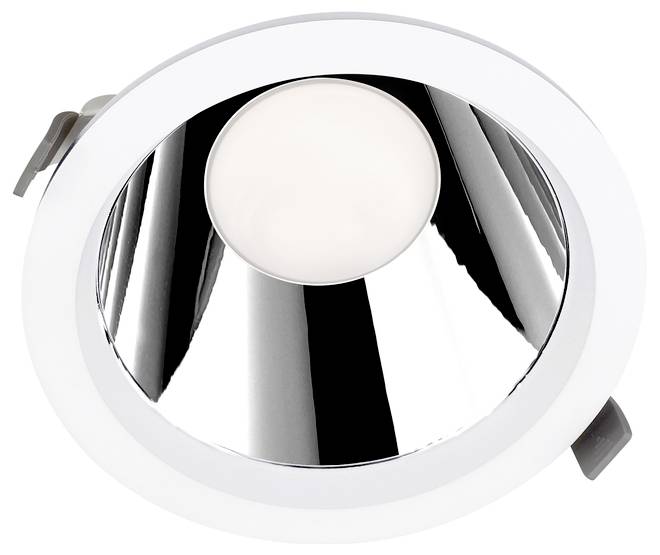 Ugrađeno stropno svjetlo sa bijelom površinom, kromiranim reflektujućim unutrašnjim konusom i centralnom matiranom difuzorskom površinom