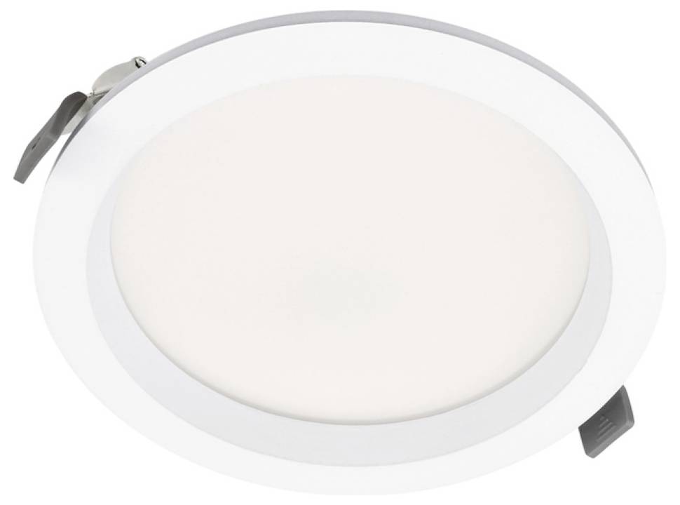 Okrugla ugradbena LED lampa za strop s bijelim okvirom i oprugama za stezanje na bijeloj pozadini