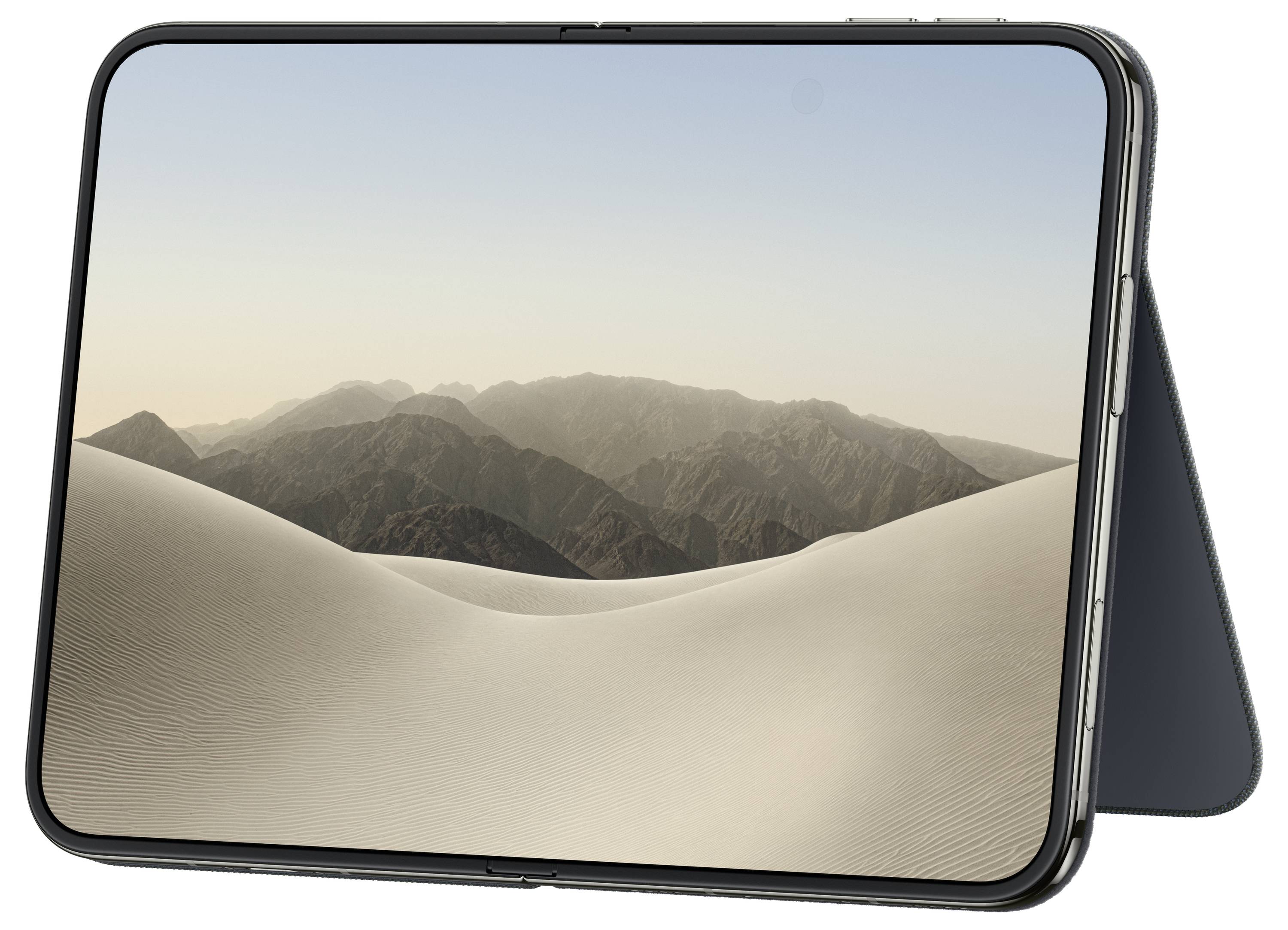 Tablet u krajinskom modu prikazuje scenu pustinjske pješčane dine s udaljenima planinama i tamnom sklopivim stalkom iza nje.