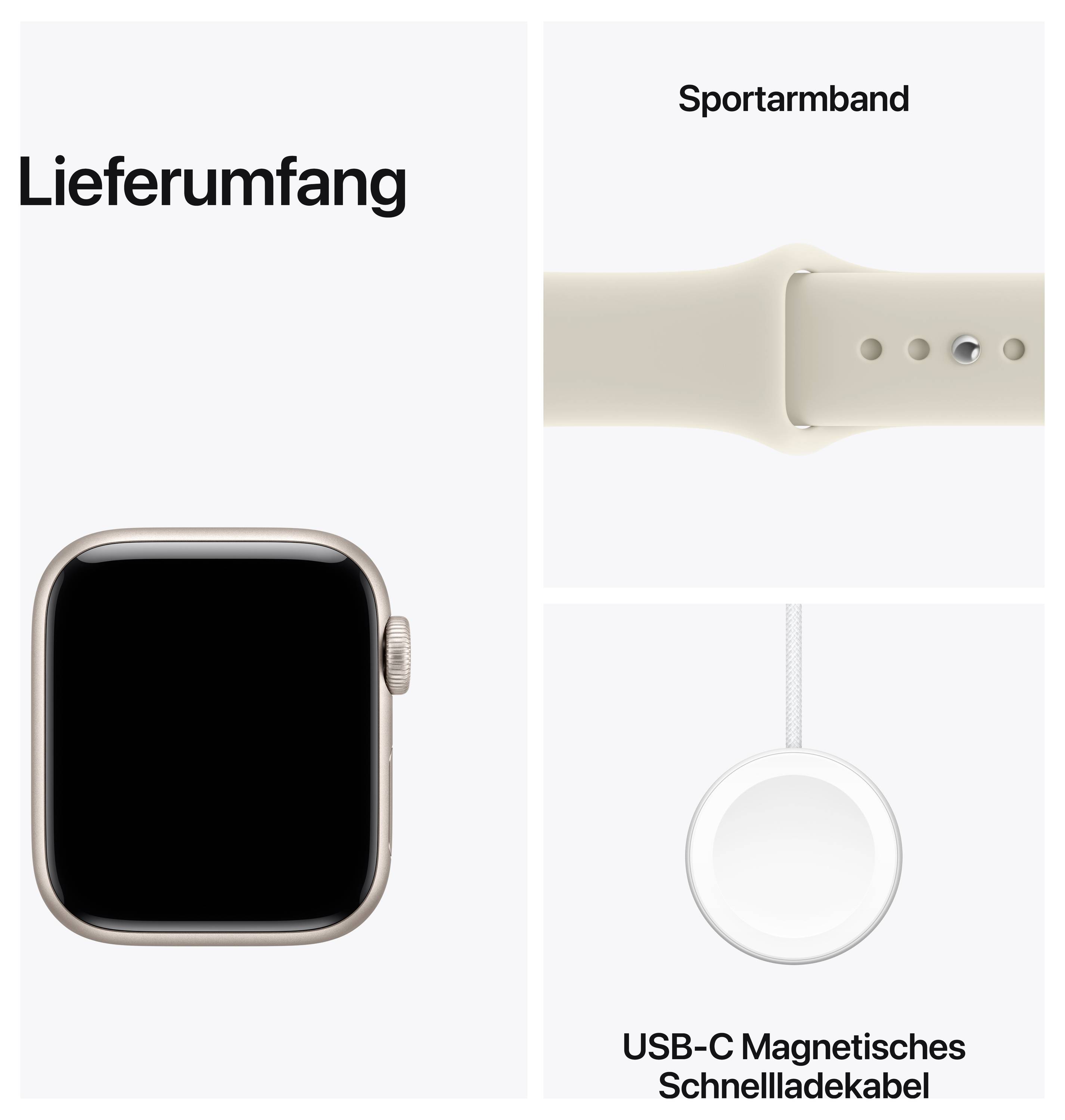Opseg isporuke: Pametni sat s bež sportskom trakom i USB-C magnetskim brzim punačem.