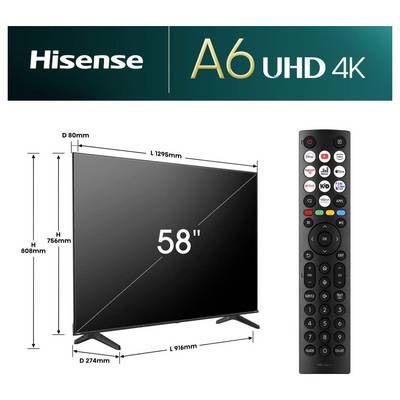 Hisense A6 UHD 4K TV od 58 inča prikazan s dimenzijama 1295 mm širine, 808 mm visine, 80 mm dubine, i daljinskog upravljača.