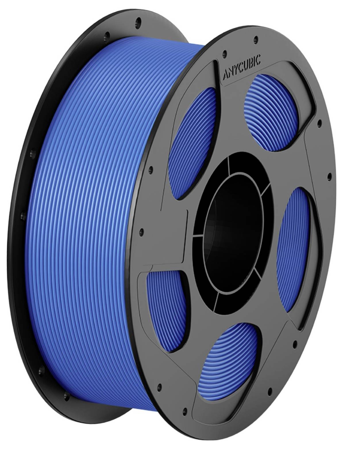Plava filament za 3D printer namotana na crnu kolut, označena sa 'ANYCUBIC', prikazana u stilskom prikazu proizvoda.