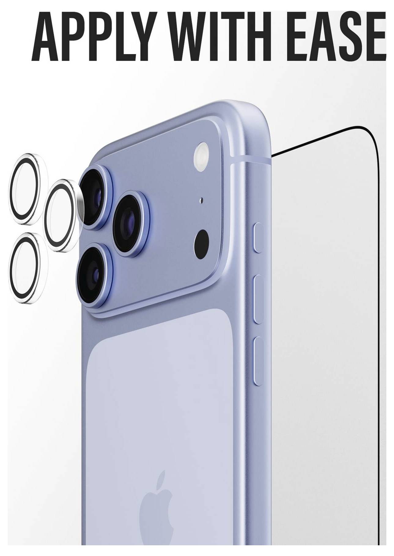 Promocijski grafički prikaz svjetlucavo plavog iPhonea s tri kameralne leće i tri uklonjiva prstenasta poklopca, označena sa 'PRIMIJENI LAKO'.