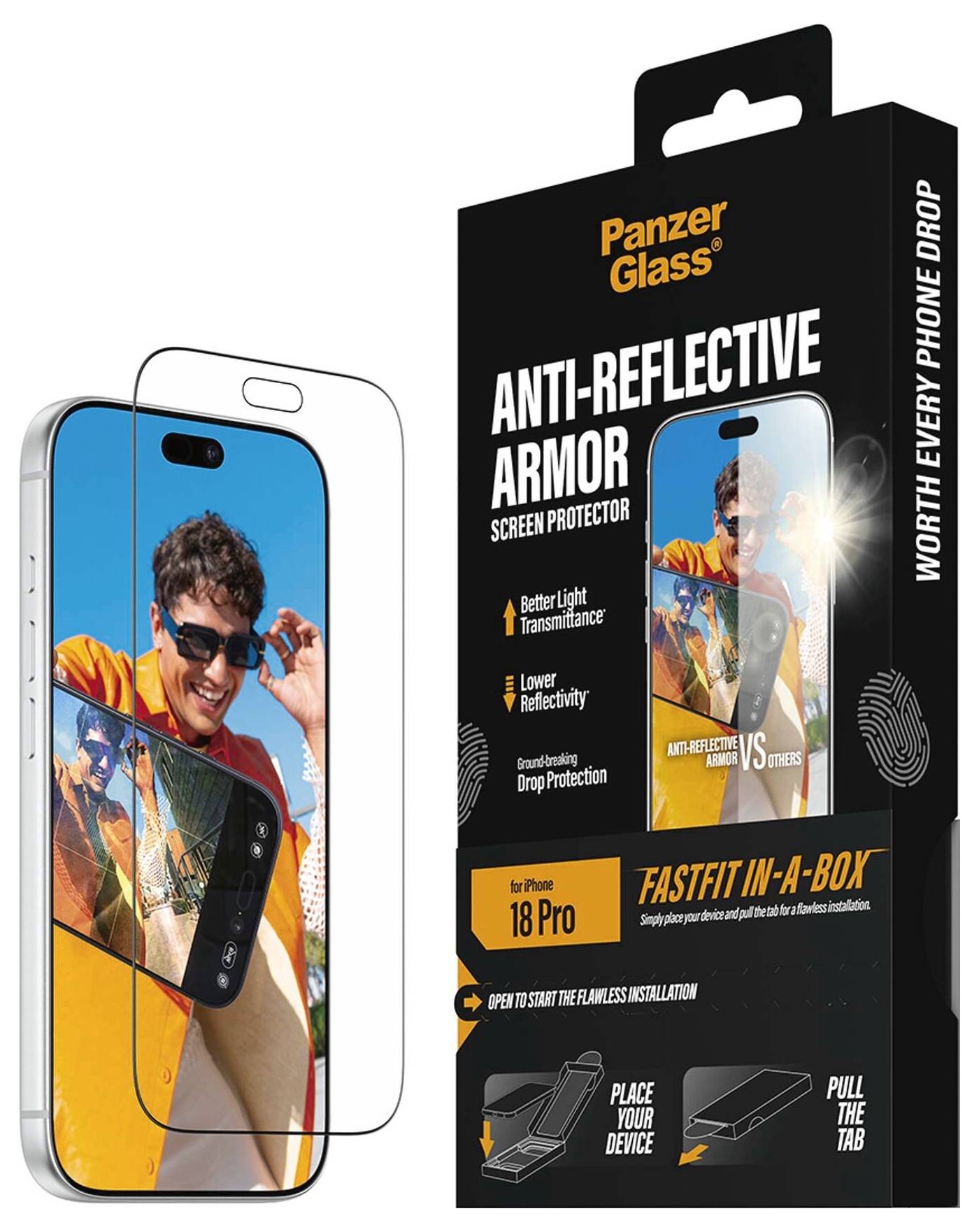 PanzerGlass anti-reflektivna zaštita zaslona pored iPhone displeja, promocija boljeg propuštanja svjetlosti, niže reflektivnosti i zaštite od pada za iPhone 18 Pro.
