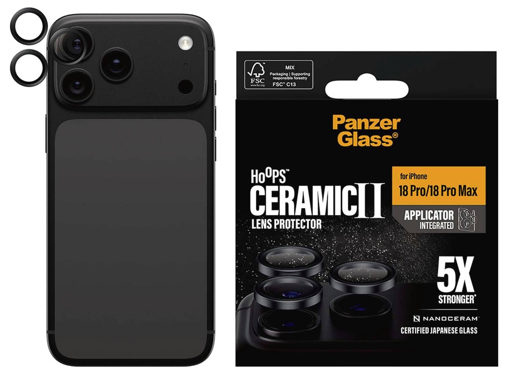 Zaštitnik keramičke leće PanzerGlass za iPhone 18 Pro/10 Pro Max, prikazan s crnom futrolom za telefon i dva kružna prstena za leću.