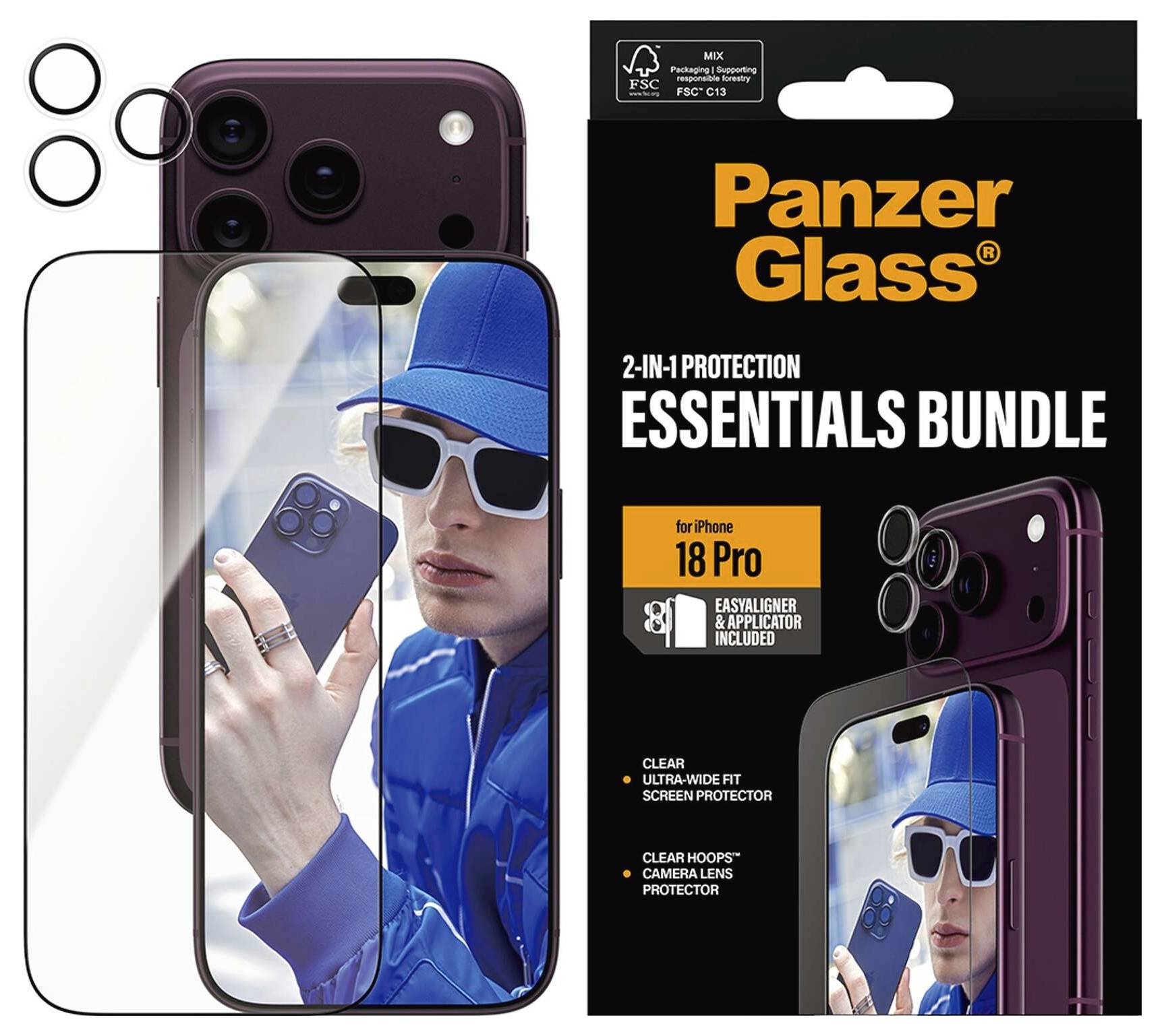 PanzerGlass Essentials Bundle za iPhone 18 Pro, prikazuje zaštitnik ekrana i zaštitnike kamerine leće pakirane za zaštitu uređaja.