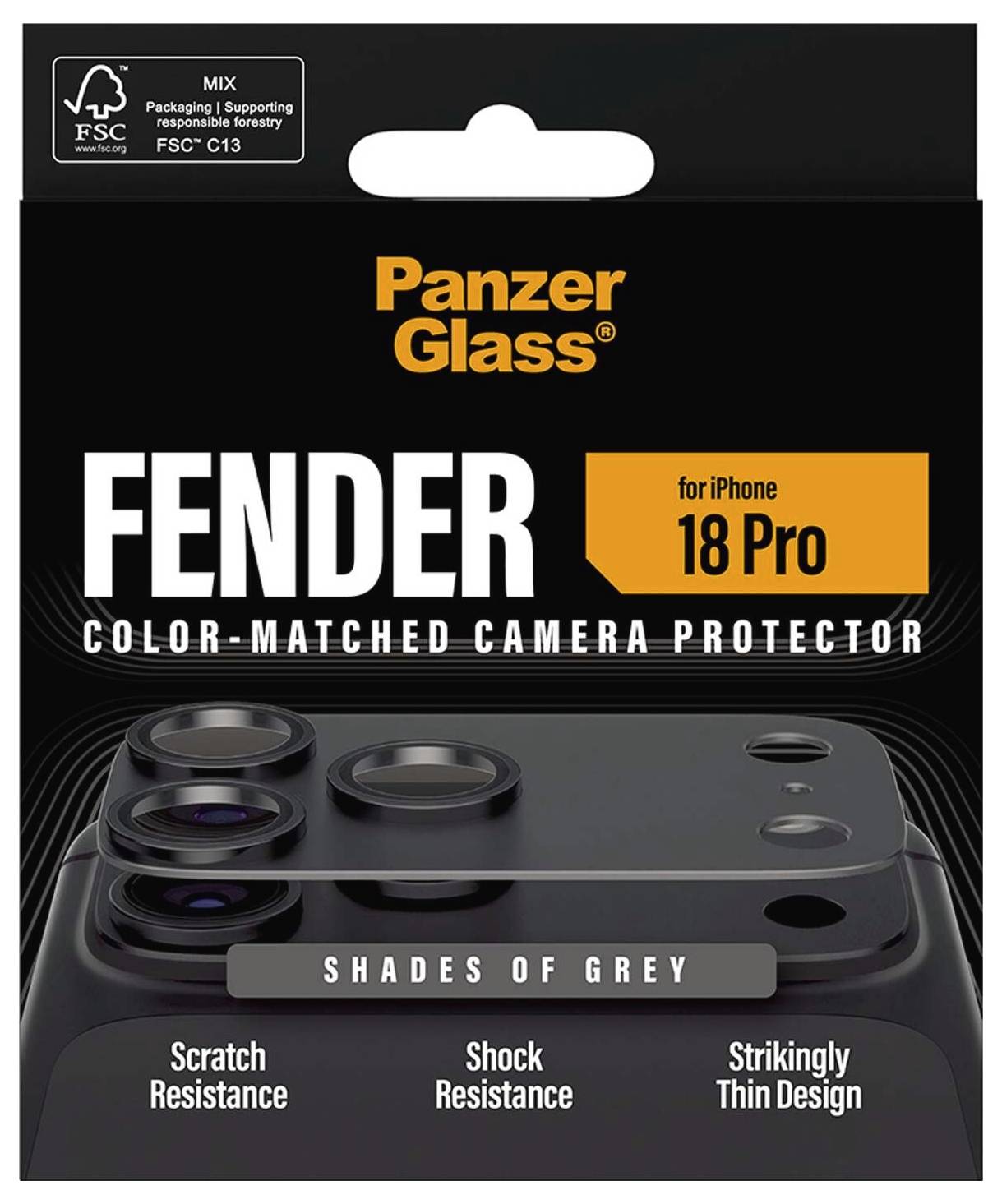 Pakiranje za PanzerGlass Fender color-matched zaštitnik kamere prilagođen boji za iPhone 18 Pro, u nijansama sive boje, ističući otpornost na ogrebotine, otpornost na udare i tanki dizajn.
