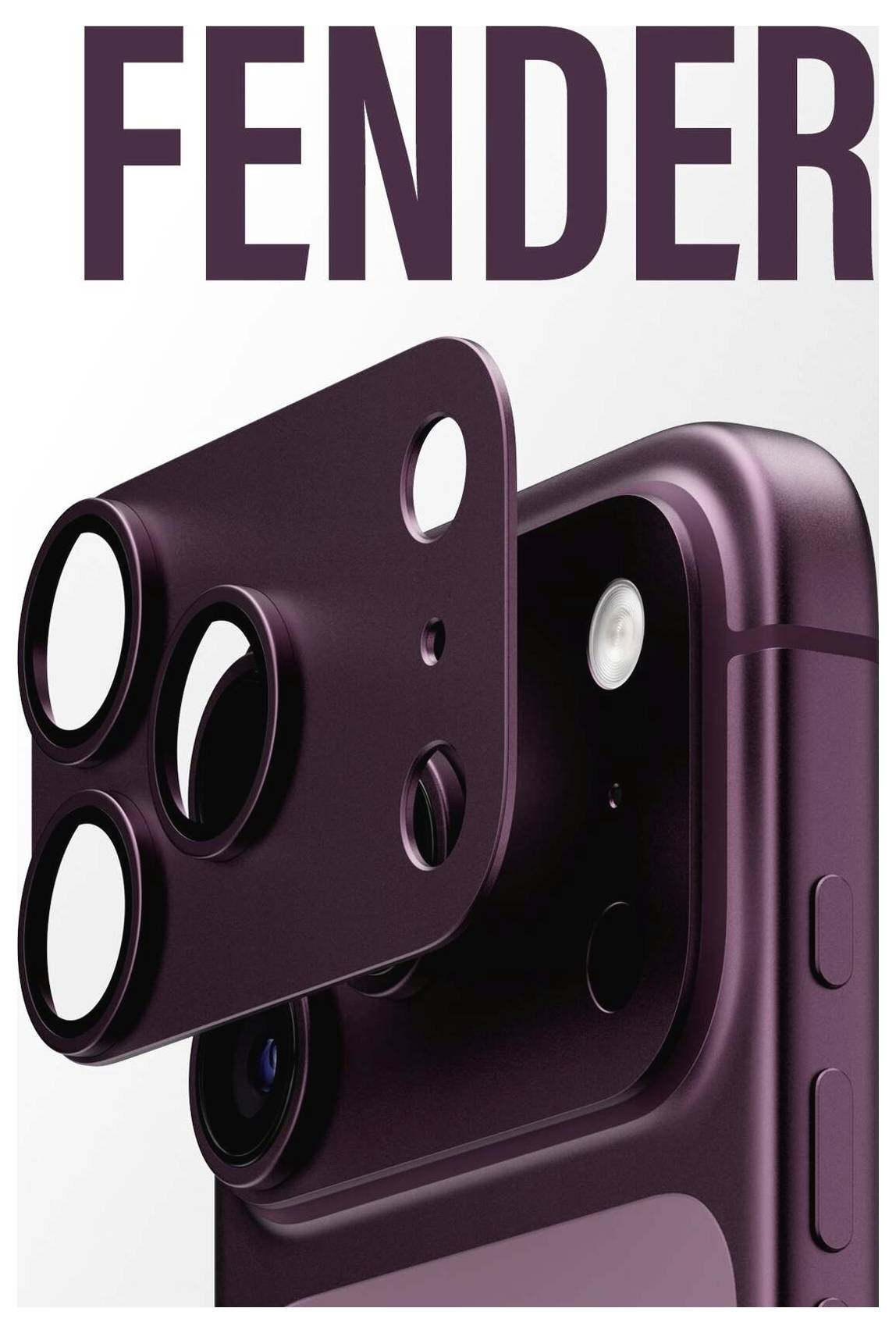 Detaljan prikaz proizvoda ljubičastog futrola za telefon označenog 'FENDER,' koji prikazuje izdignut modul fotoaparata s više kružnih otvora i otvora za objektive.