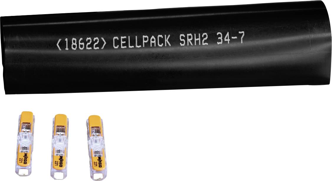 Crni cilindrični paket baterija označen s 'CELLPACK SRH2 34-7' s tri mala narančasta baterijska članka ispod njega na bijelog pozadine