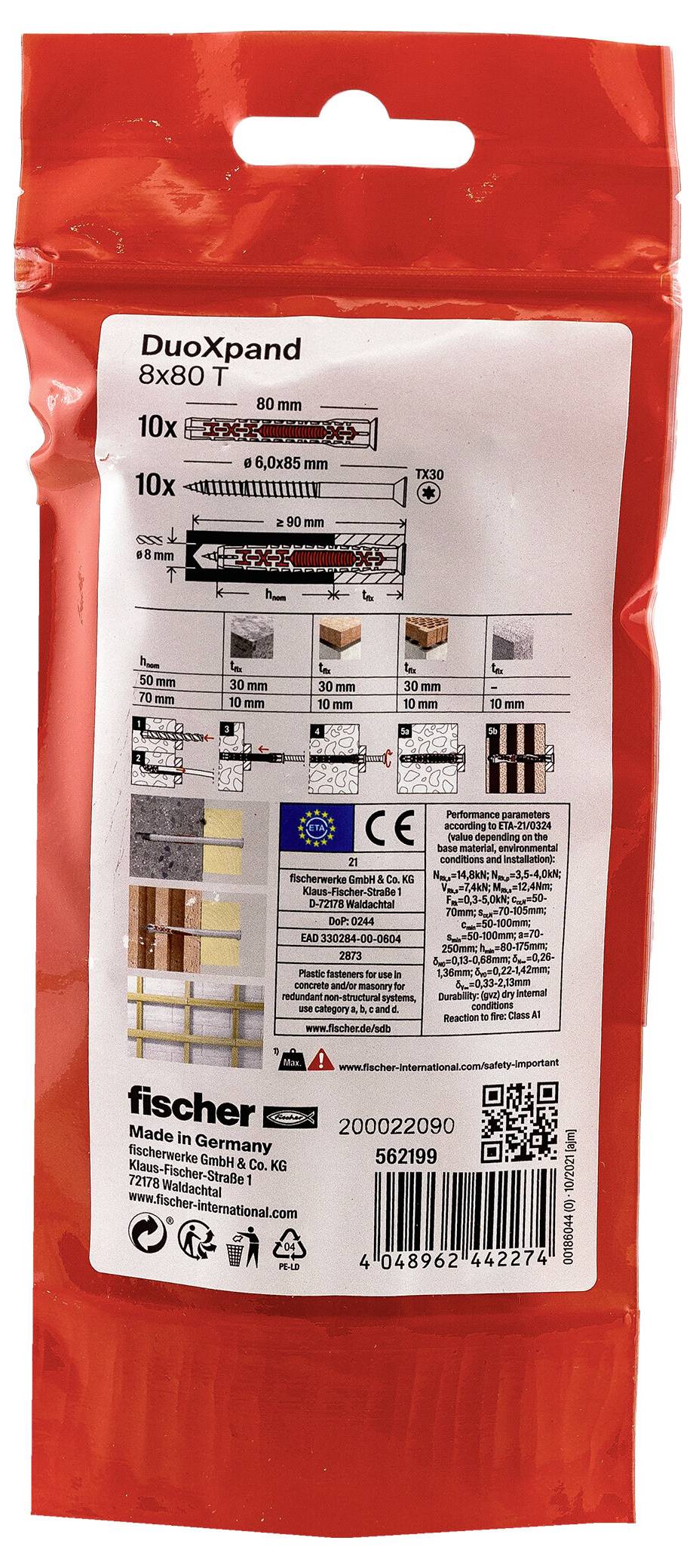 Red Fischer DuoXpand 8x80 T ekspandibilni zidni čep s dijagramom proizvoda, mjerama, uputama i certifikacijskim oznakama.