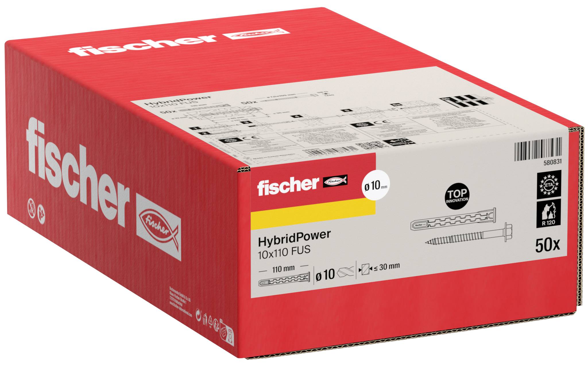 Red Fischer HybridPower zidni utikač, označen s 'fischer', 'HybridPower 10x110 FUS', 'd10', i '50x'.