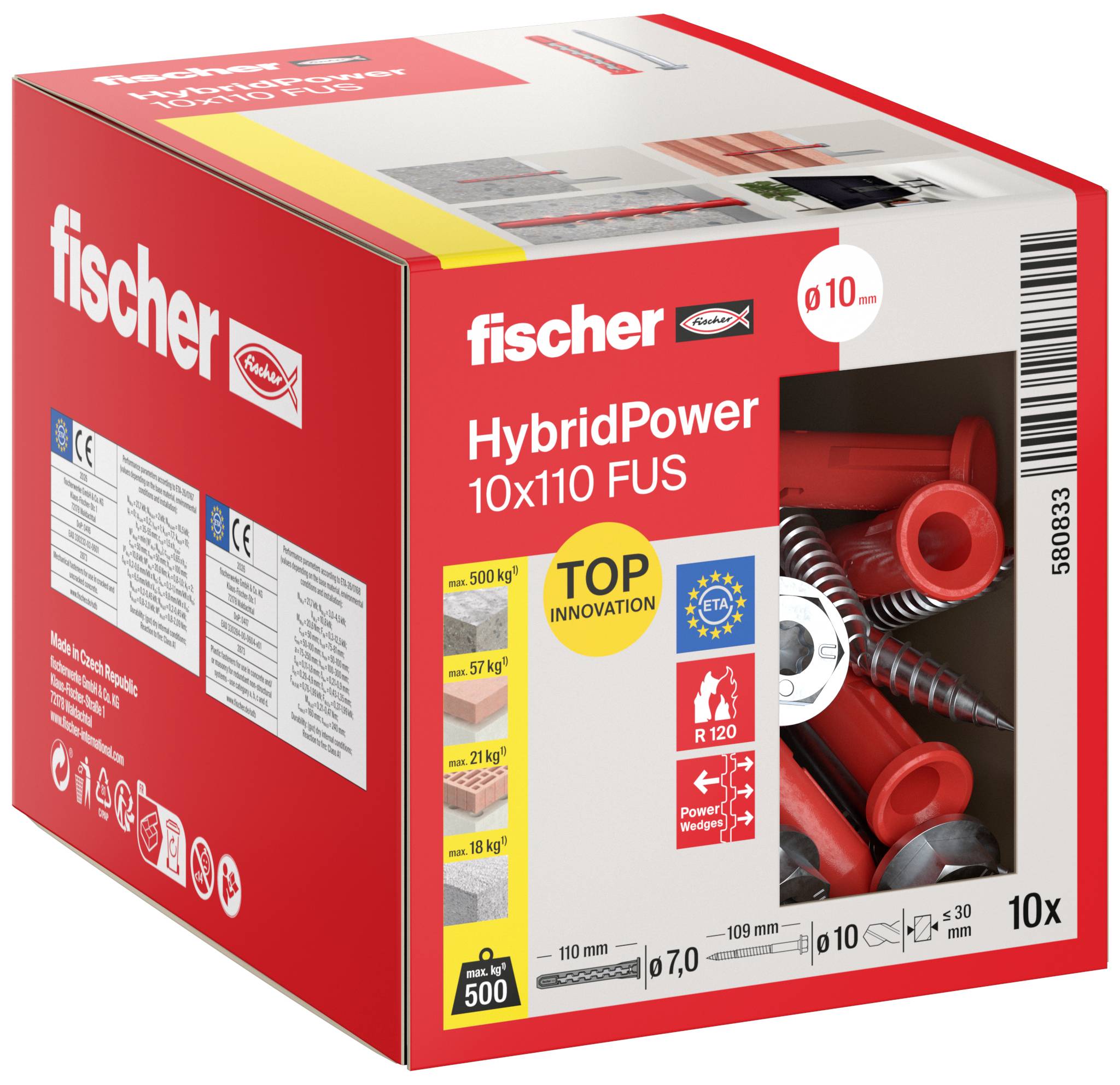 Crvena kutija fischer HybridPower 10x110 FUS zidnih ankerusa, prikazuje crvene plastične ankerse i metalne vijke, označene za upotrebu od 10 mm i 10 komada.
