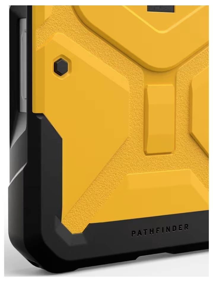 Detaljni snimak robusne crno-narandžaste zaštitne futrole za telefon označene 'PATHFINDER', koji prikazuje teksturirani zaštitni leđa i pojačane kutove.