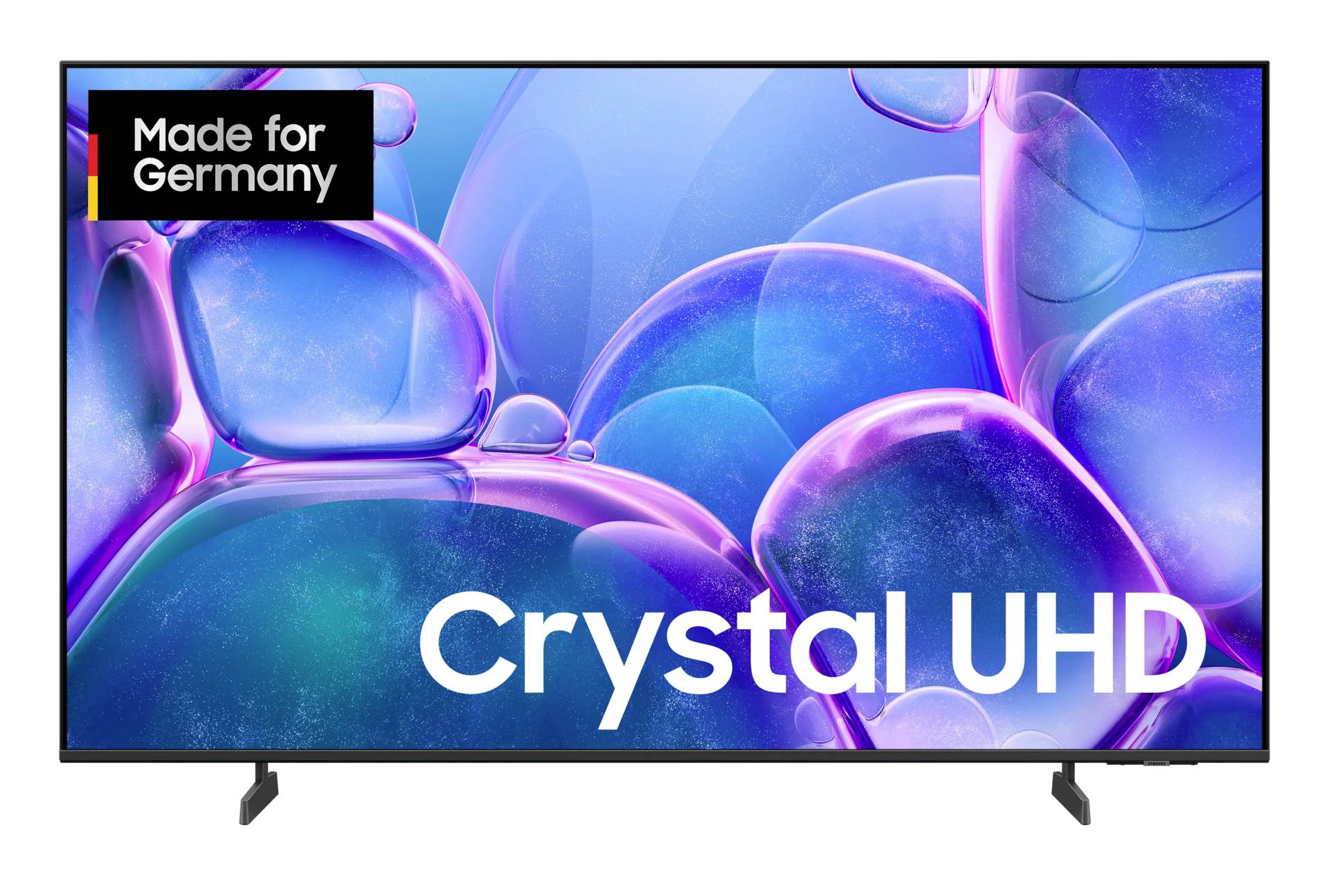 Samsung Crystal UHD TV s šarenim apstraktnim prikazom mjehurića i oznakom "Napravljeno za Njemačku"