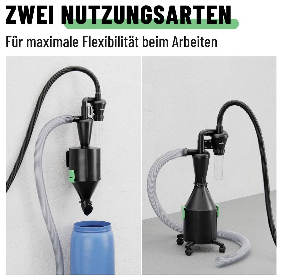 Tri nozzle types za fleksibilan rad, s jednim detaljnim prikazom koji puni plavnu bačvu i jednom jedinicu na kotačima na podu.