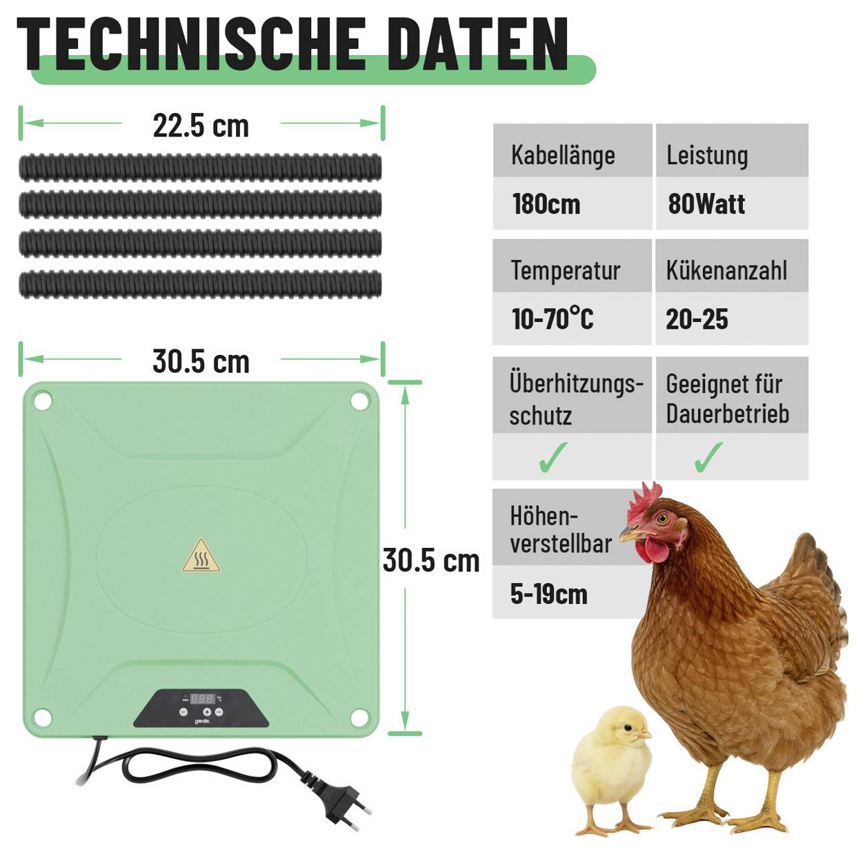 Specifikacije proizvoda za zelenu grijaću ploču za piletinu: šipke od 22,5 cm, kvadratna ploča od 30,5 cm, kabel od 180 cm, 80 W, 10-70°C, 20-25 pilića, podesiva od 5-19 cm, sa zaštitom od pregrijavanja za kontinuiranu upotrebu.