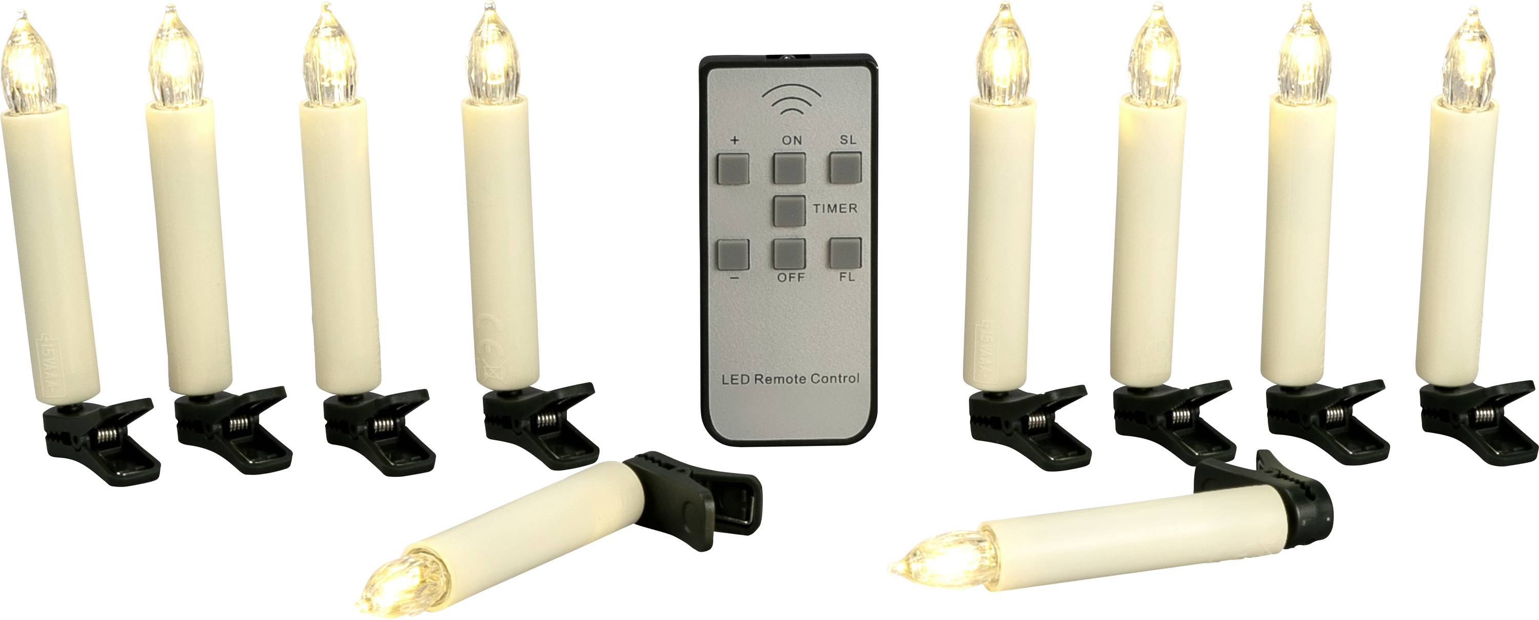 Set od crnih LED svjećica u slonkovoj boji s crnim klipama i daljinskim upravljačem označenim sa 'LED Remote Control' i 'TIMER'; jedna svjećica leži vodoravno.