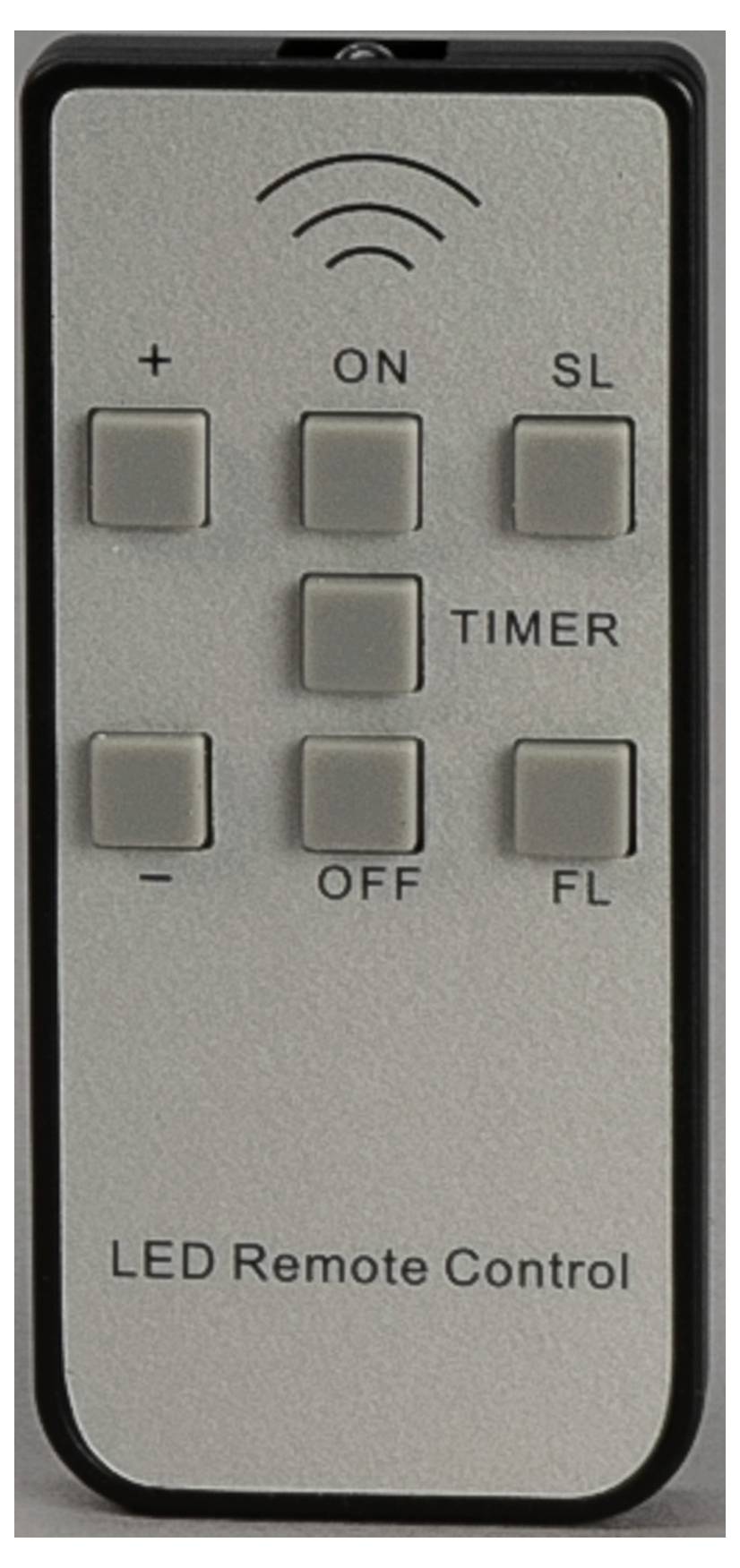 LED Daljinski upravljač sa šest kvadratnih gumbiju označenih sa +, -, ON, OFF, SL, FL i TIMER.