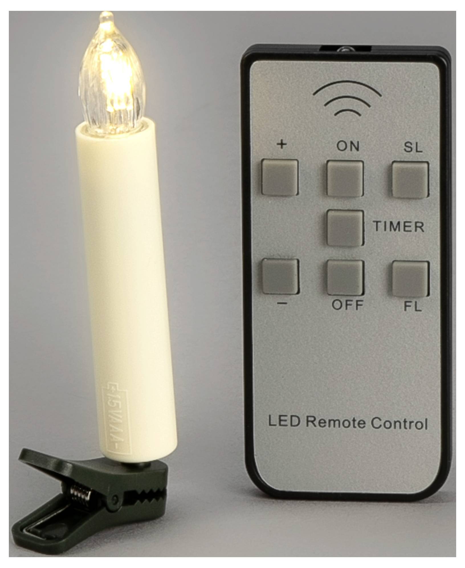 Baterijski napajana LED svijeća sa kopčom za prichvat i daljinskim upravljačem označenim "LED daljinski upravljač" s gumbima za svjetlinu, uključivanje/isključivanje, mjerač vremena i načine plamena.
