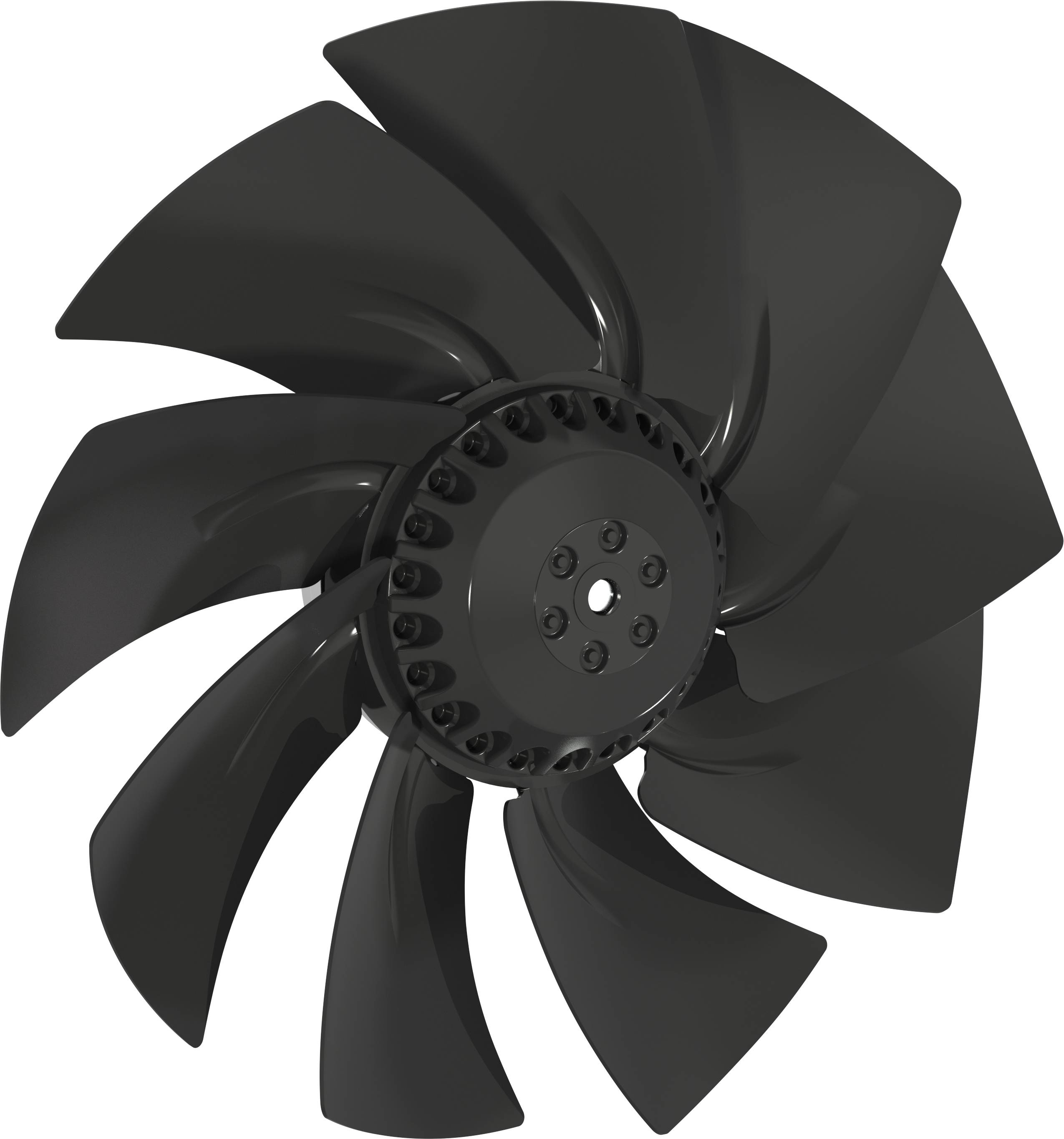 Crna industrijska ventilatora turbina sa zakrivljenim lopaticama na bijeloj pozadini, snimljena sprijeda.