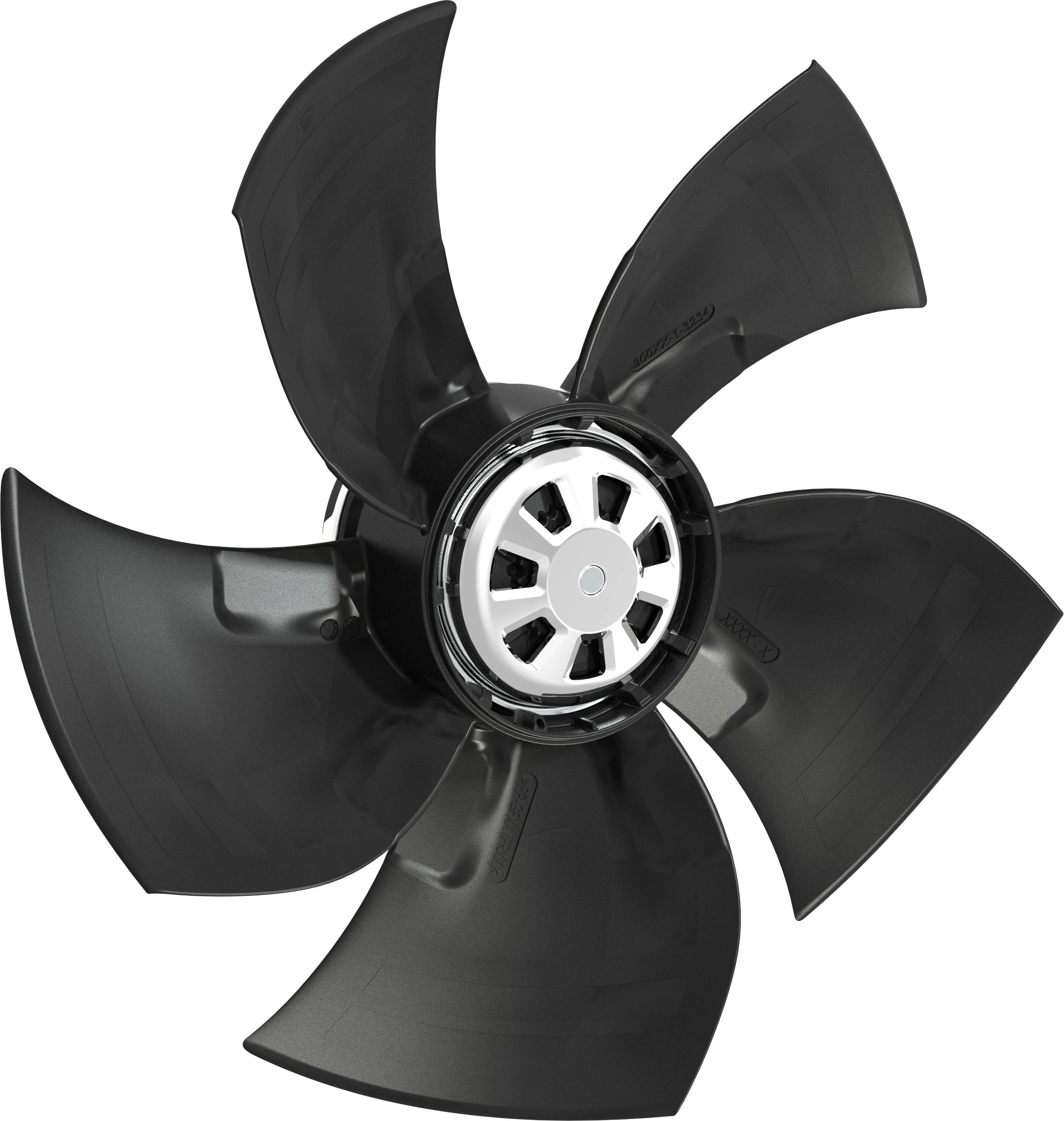 Crni pet-lopatičasti propeler ventilatora izoliran na bijeloj pozadini.