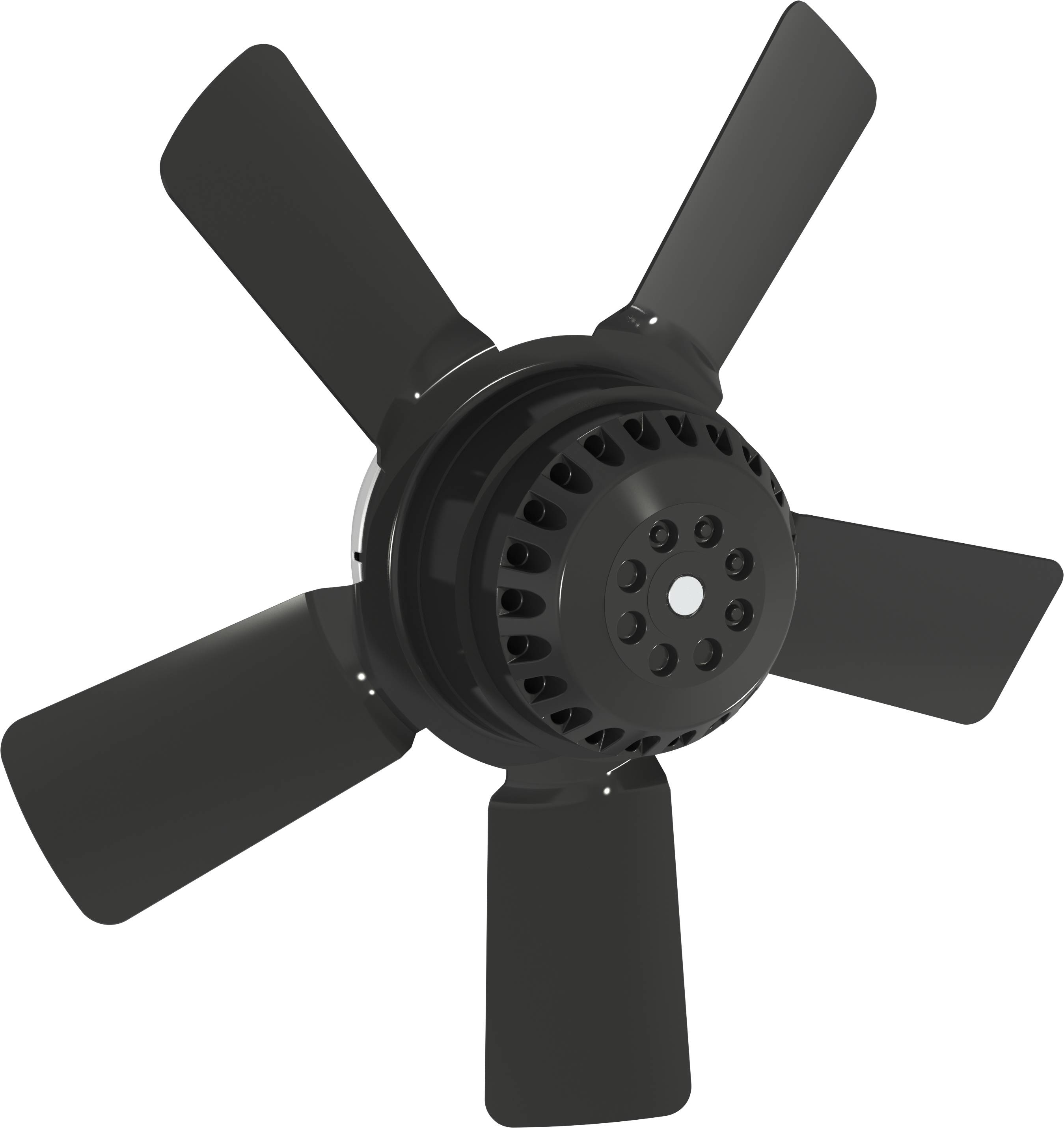 Crni stropni ventilator sa četiri lopatice gledan odozdo na bijeloj pozadini.