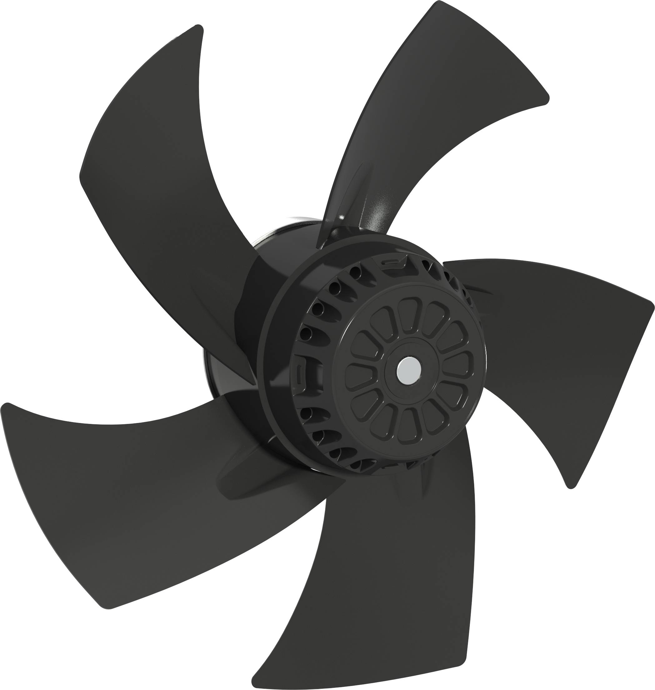 Crni ventilator s pet lopatica ili propeler na bijeloj pozadini, prikazan u detaljnom prikazu.