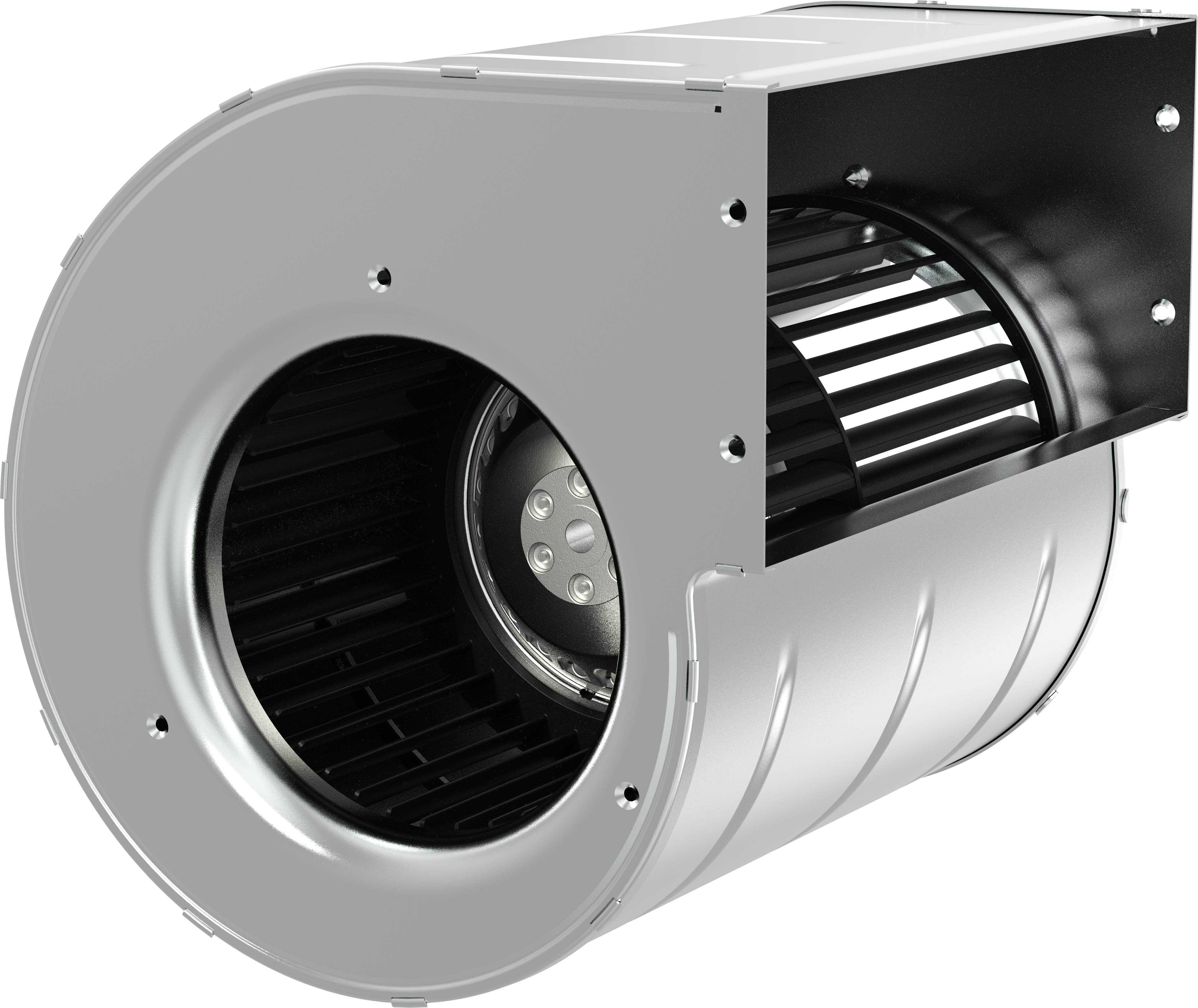 Metalno kućište centrifugalnog ventilatorskog dovodnika s vidljivim crnim lopaticama rotora unutar srebrne cilindrične kućice.