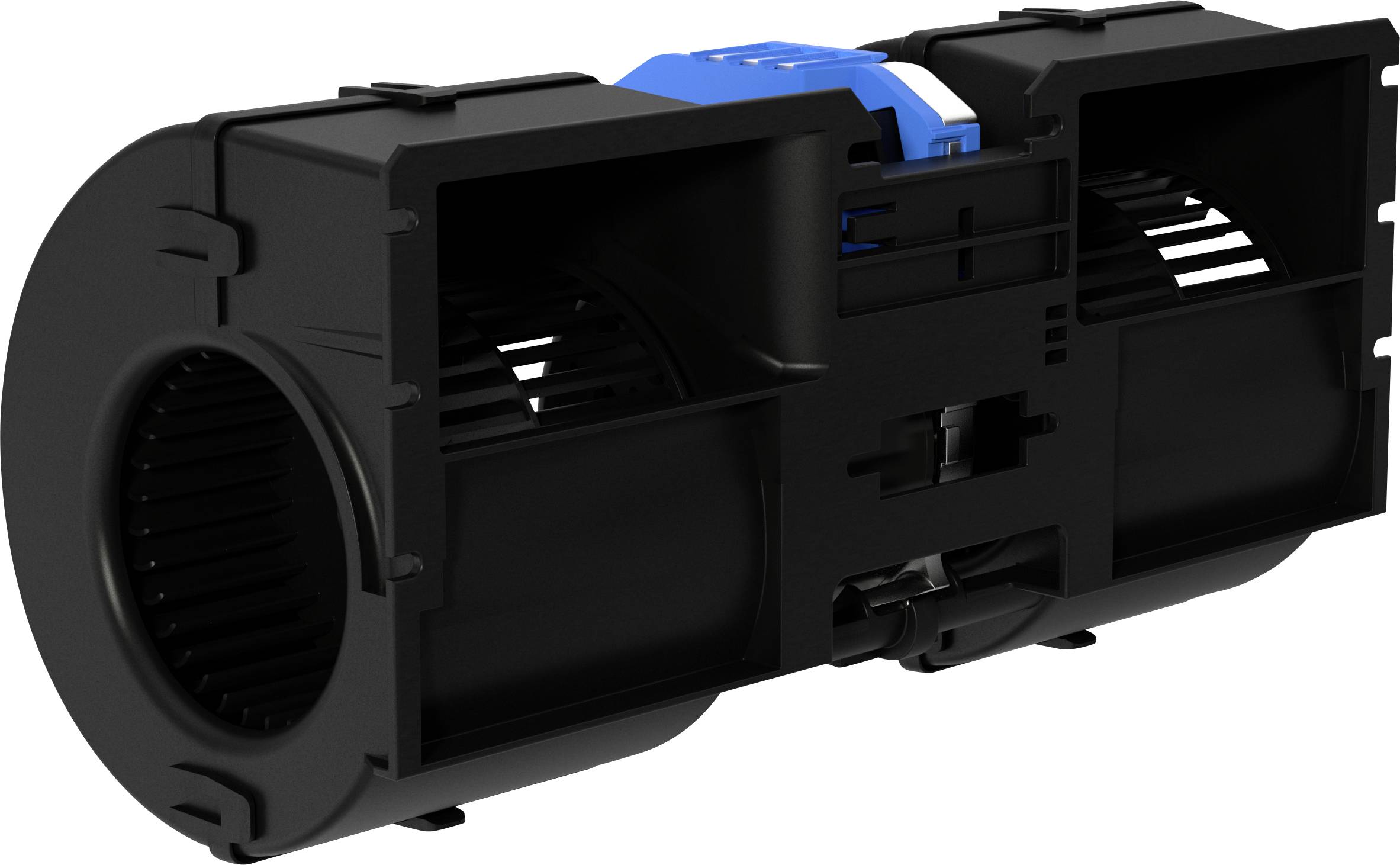 Crno plastično kućište za električni konektor s plavom bravom za zaključavanje, prikazano iz perspektive tri-četvrtine na bijeljoj pozadini.