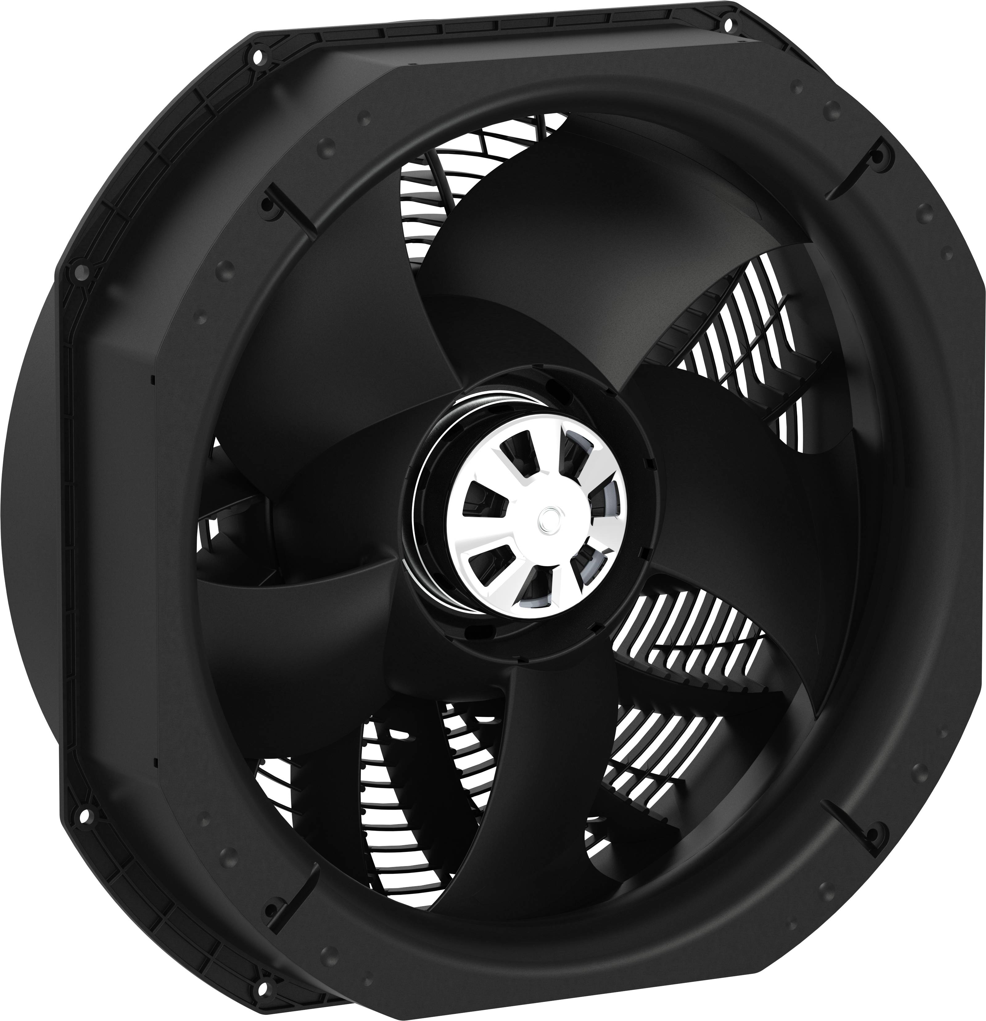 Crni industrijski aksijalni ventilator sa velikim lopaticama i zaštitnim okvirom, prikazan frontalno na bijeloj pozadini.