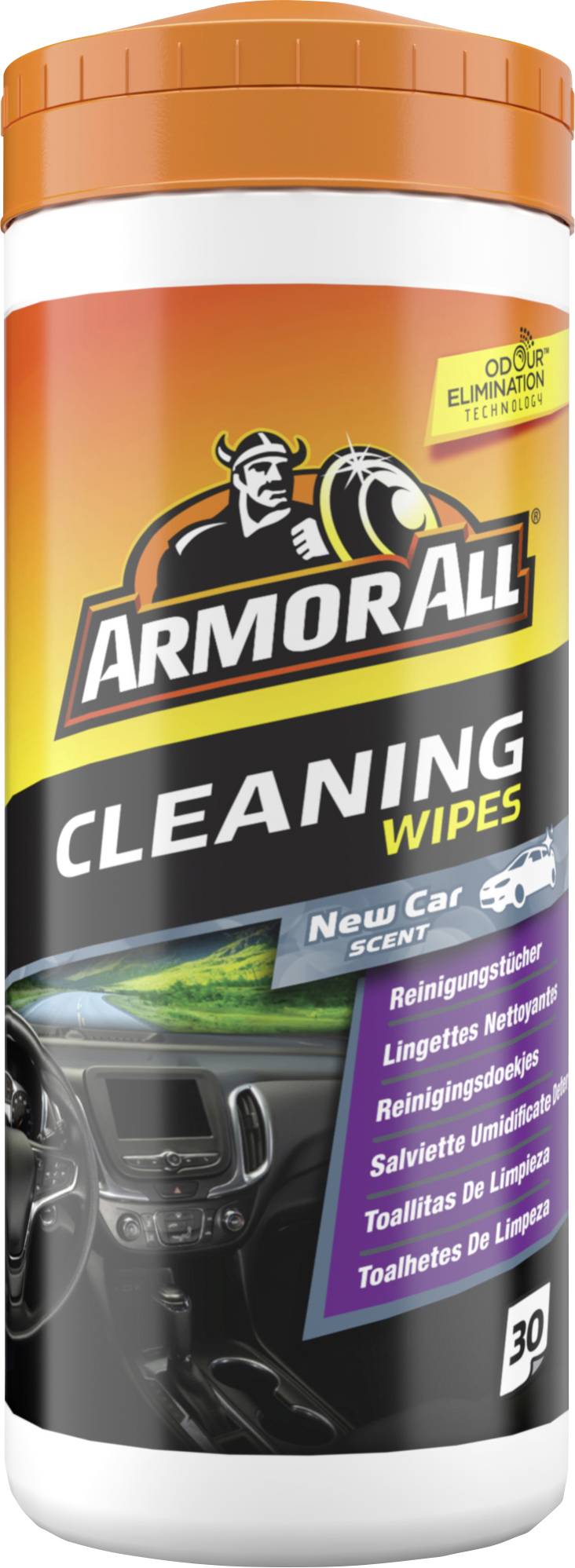 Čistilne maramice Armor All u kanisters s narančastim poklopcem, označene s 'New Car Scent' i '30'; slika proizvoda za čišćenje automobilske unutrašnjosti.