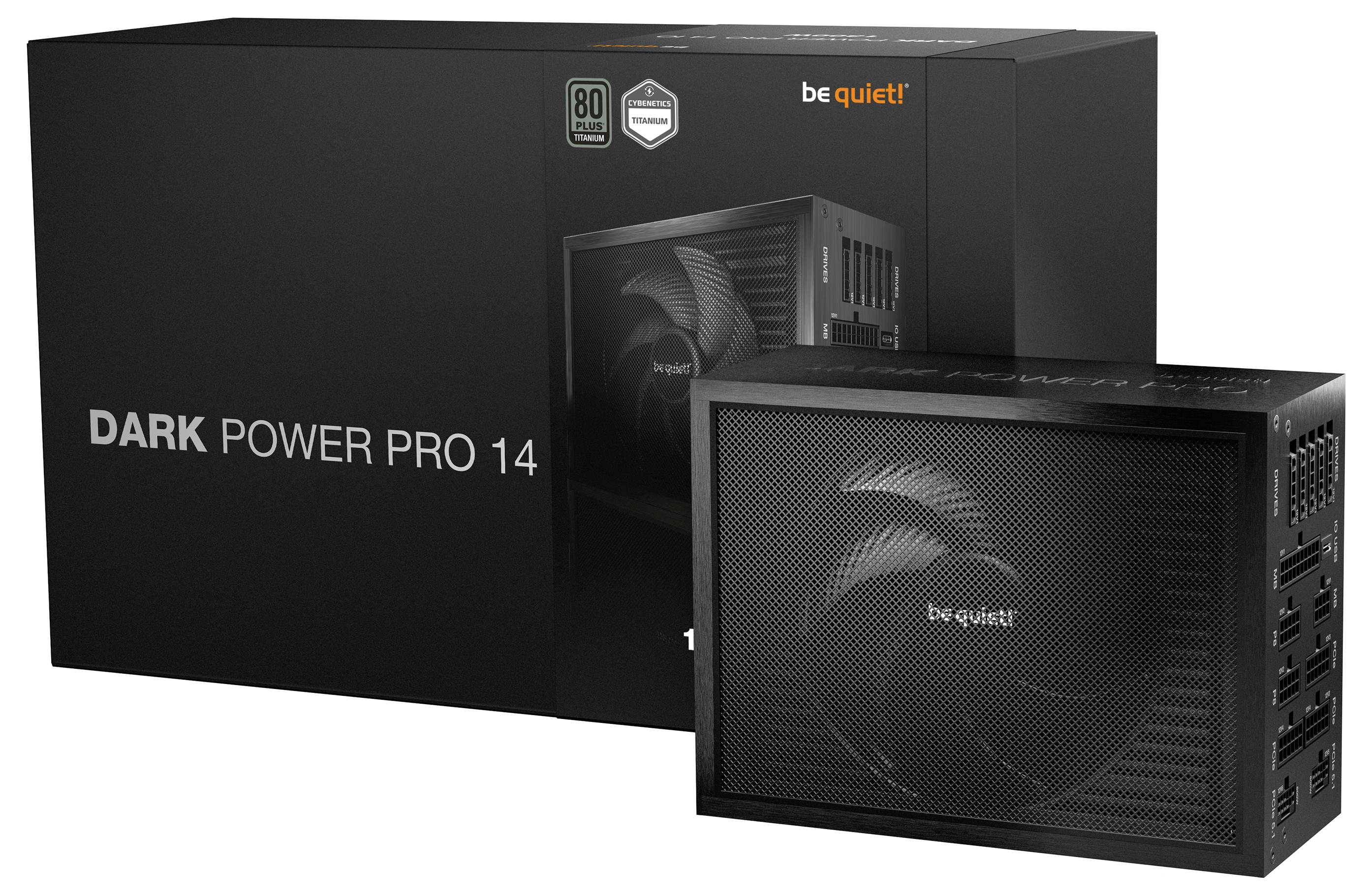 Budi tiho! Prikazana napajanja Dark Power Pro 14 sa kutijom proizvoda, sa 80 Plus certifikacijskim znakovima i prednjom mrežom ventilatora.