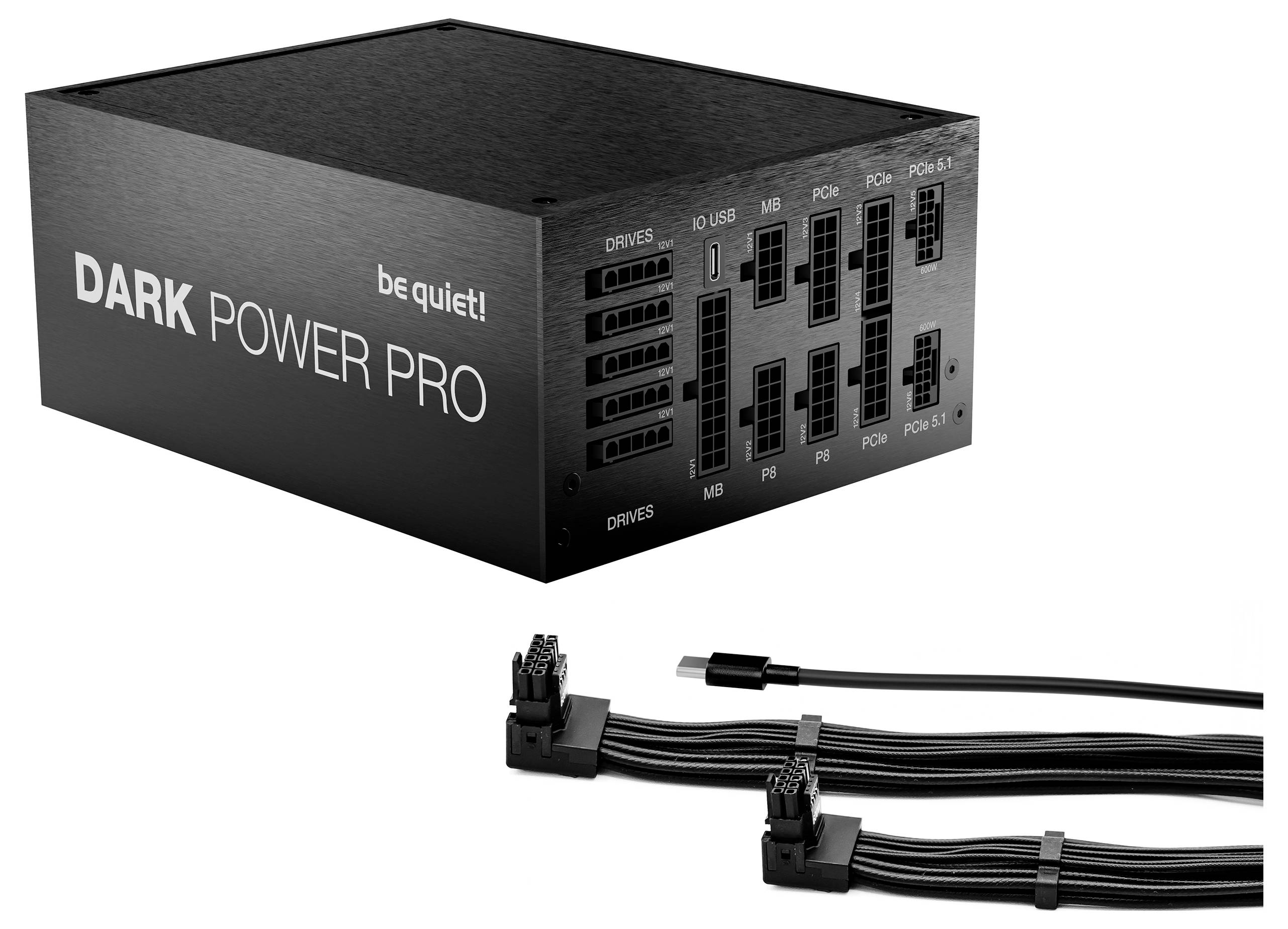 Jedinica za napajanje računala označena sa 'DARK POWER PRO' i 'be quiet!' s modulskim spojnim kabelima prikazanim ispod.