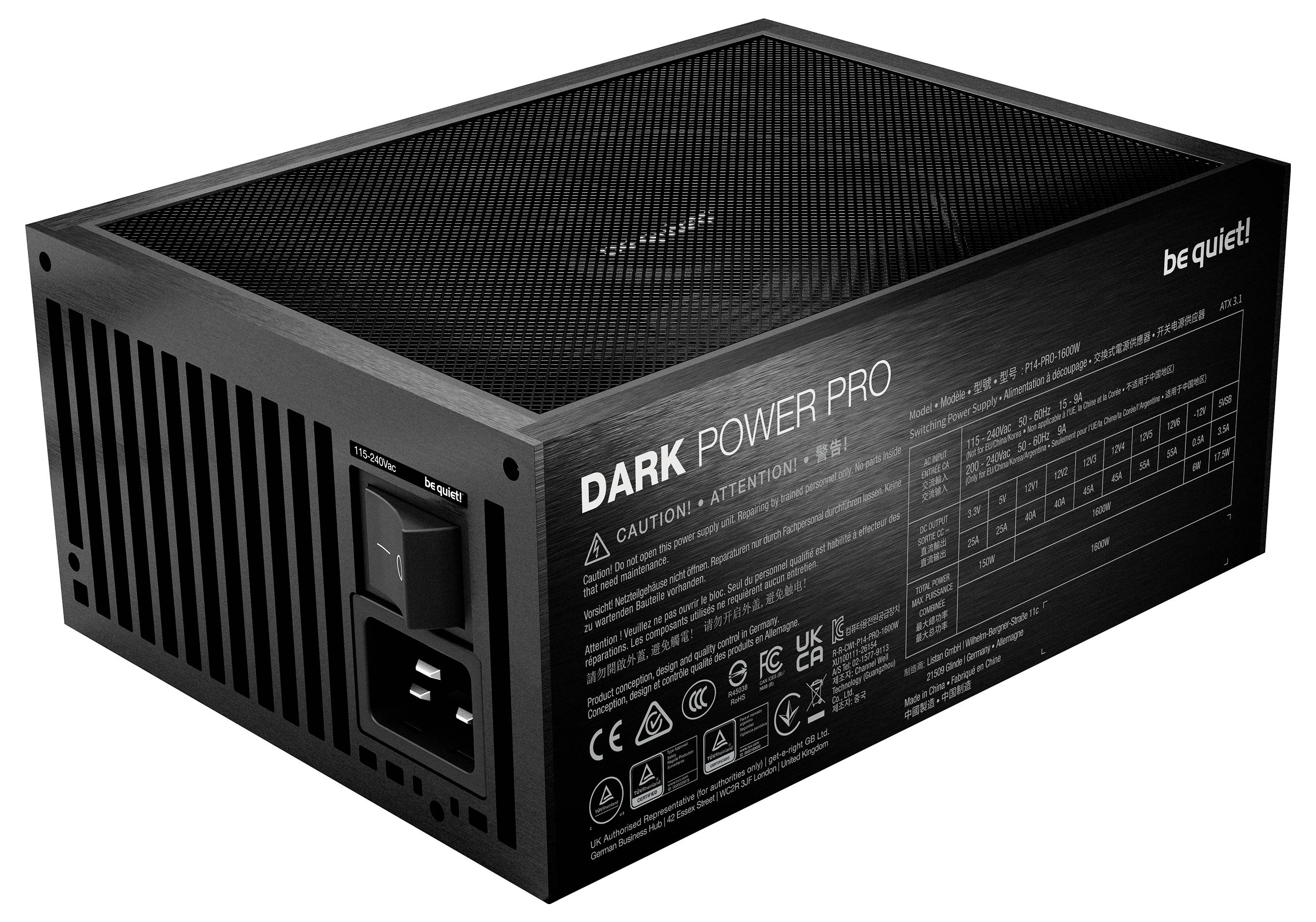Be quiet! Dark Power Pro računalni napajač prikazan u crnoj boji s vidljivom ventilacijskom mrežom i stražnjim prekidačem napajanja.