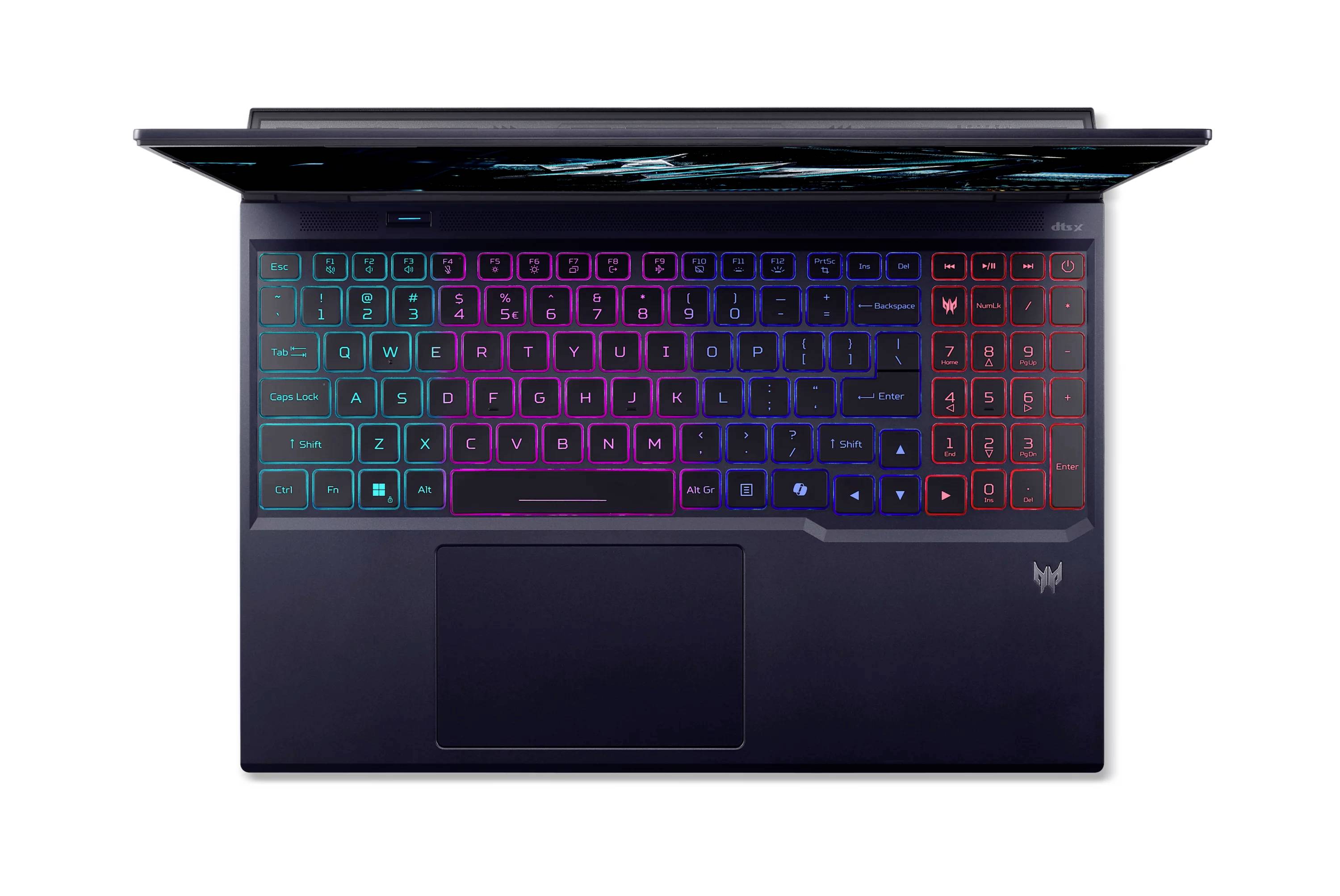 Laptop za igranje otvoren prikazan iz gore s RGB osvjetljenom tipkovnicom, velikim dodirnim jastučićem i logotipom Acer Predator