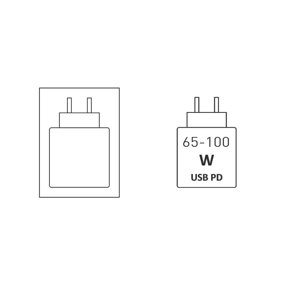 Crtež linijama USB zidnog punjača; desni punjač označen s '65-100 W USB PD', lijevo pokazuje neobeleženi adapter utikača u kutiji.