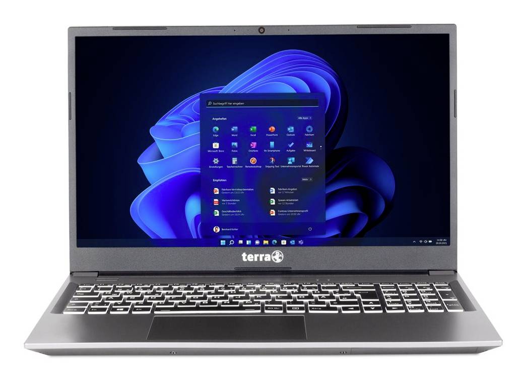 Prijenosno računalo Silver Terra otvoreno s Windows 11 izbornikom Start na zaslonu, prikazano čelno na bijeloj pozadini.